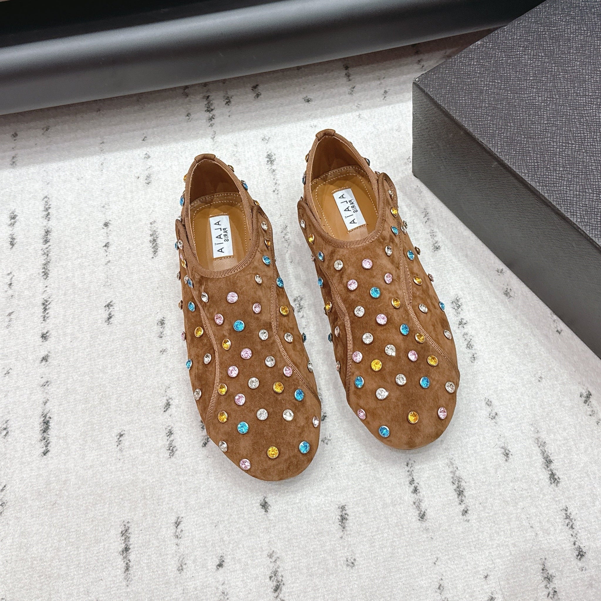 Alaia 26s Embellished Flats In Light Brown Suede
