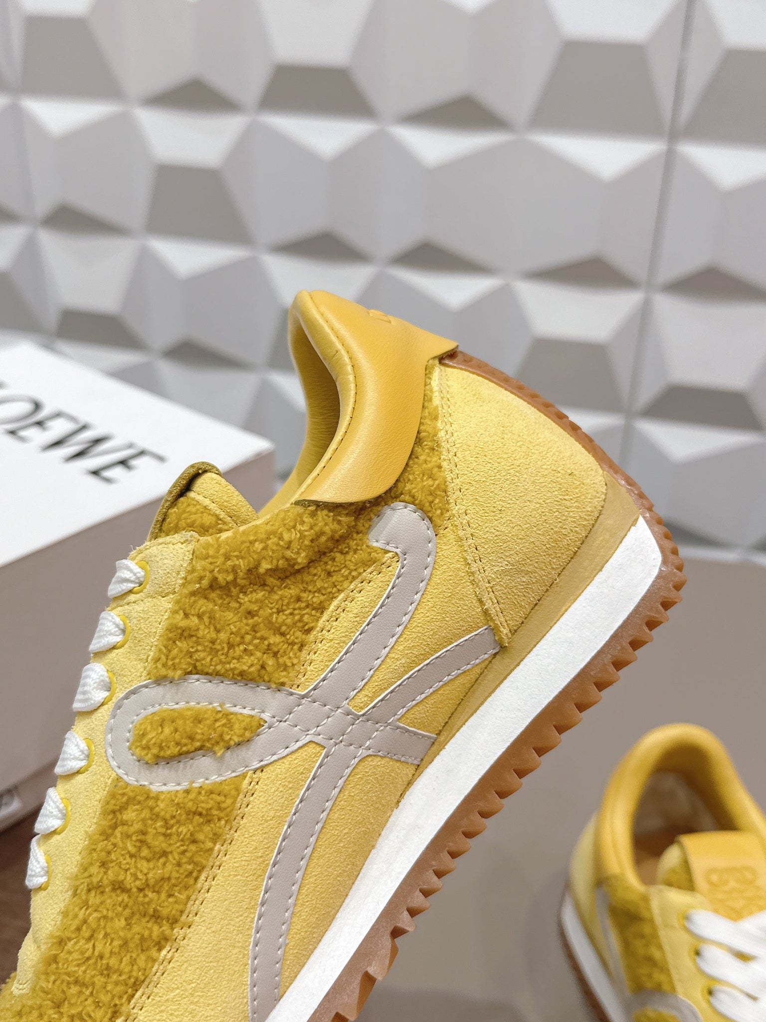 Loewe 26s Flow Runner Sneaker In Yellow Suede And Teddy Fabric And Calfskin