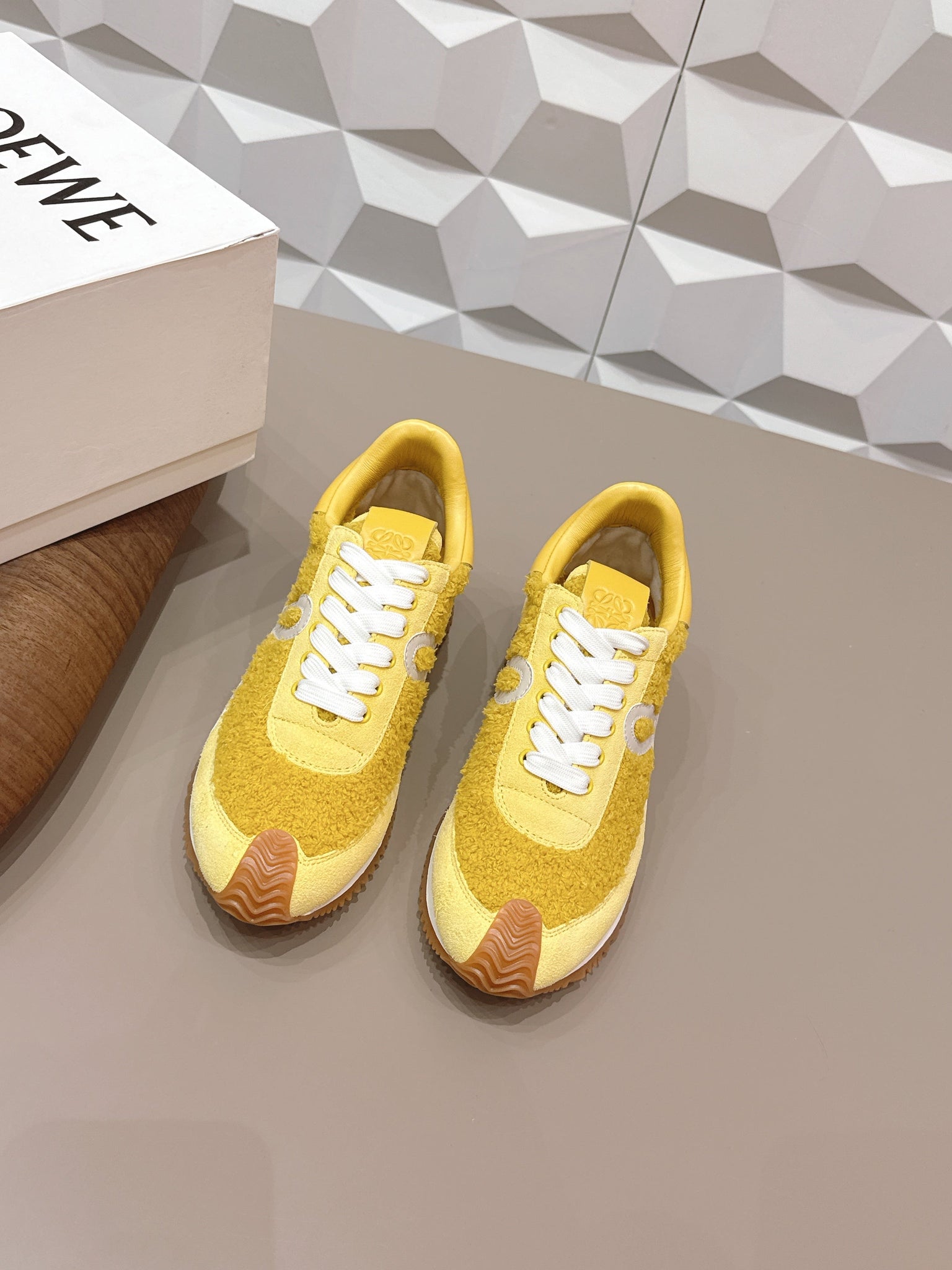 Loewe 26s Flow Runner Sneaker In Yellow Suede And Teddy Fabric And Calfskin