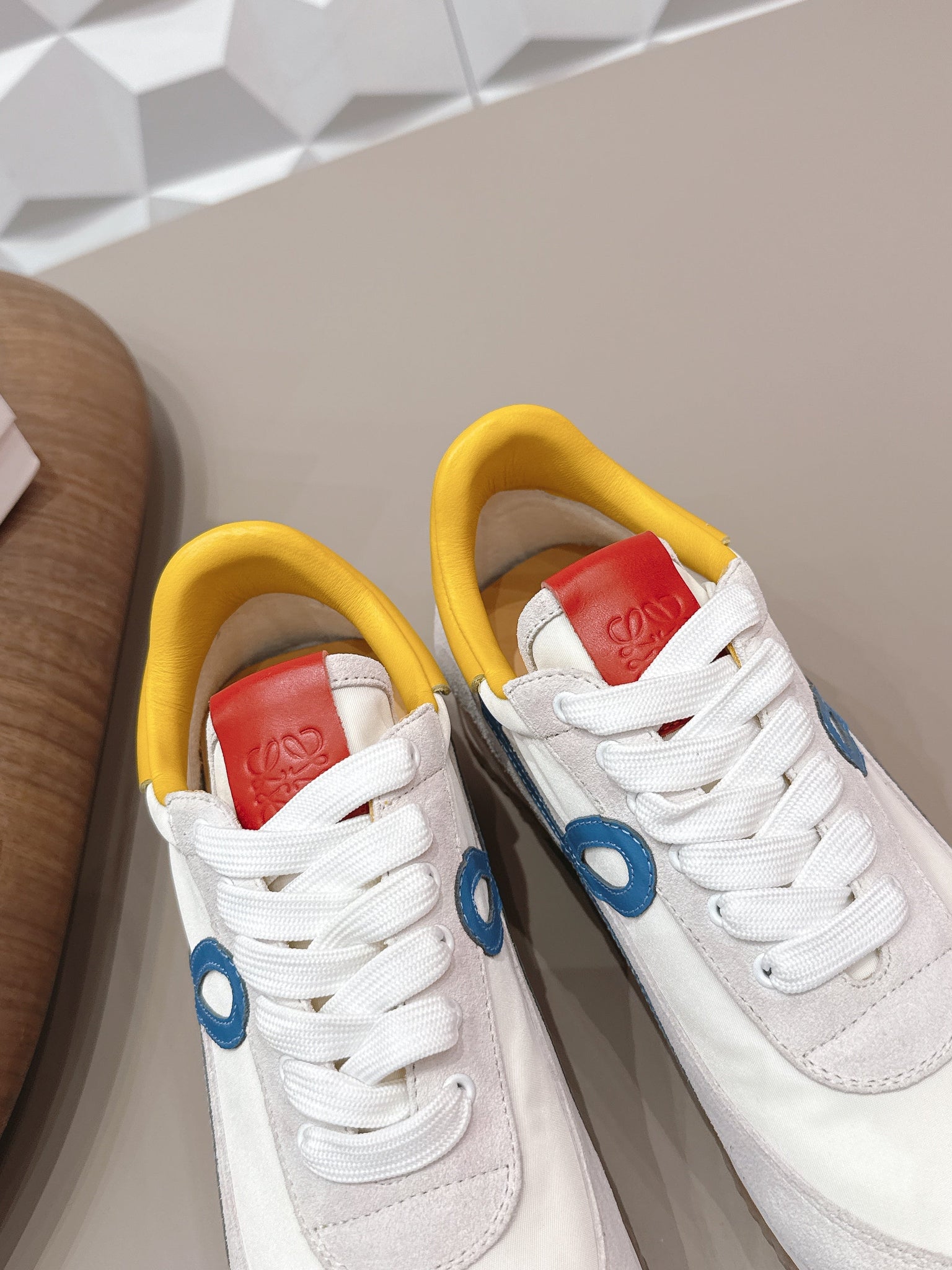 Loewe 26s Flow Runner Sneaker In Light Gray Suede Yellow And Blue Calfskin