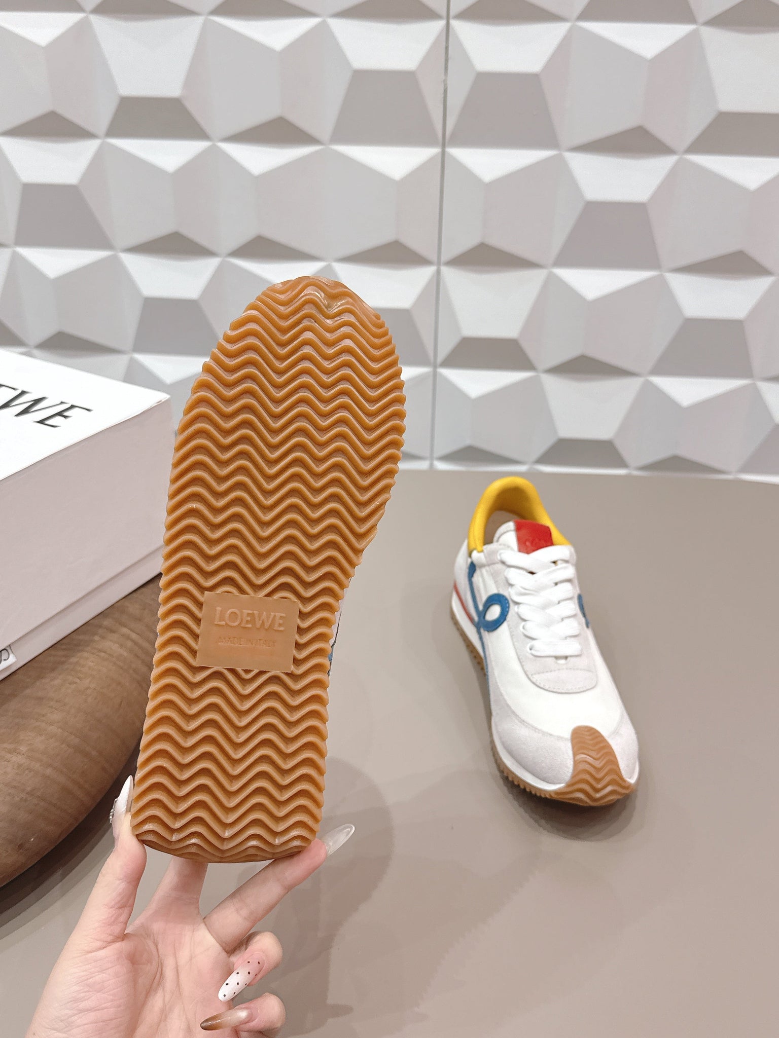 Loewe 26s Flow Runner Sneaker In Light Gray Suede Yellow And Blue Calfskin