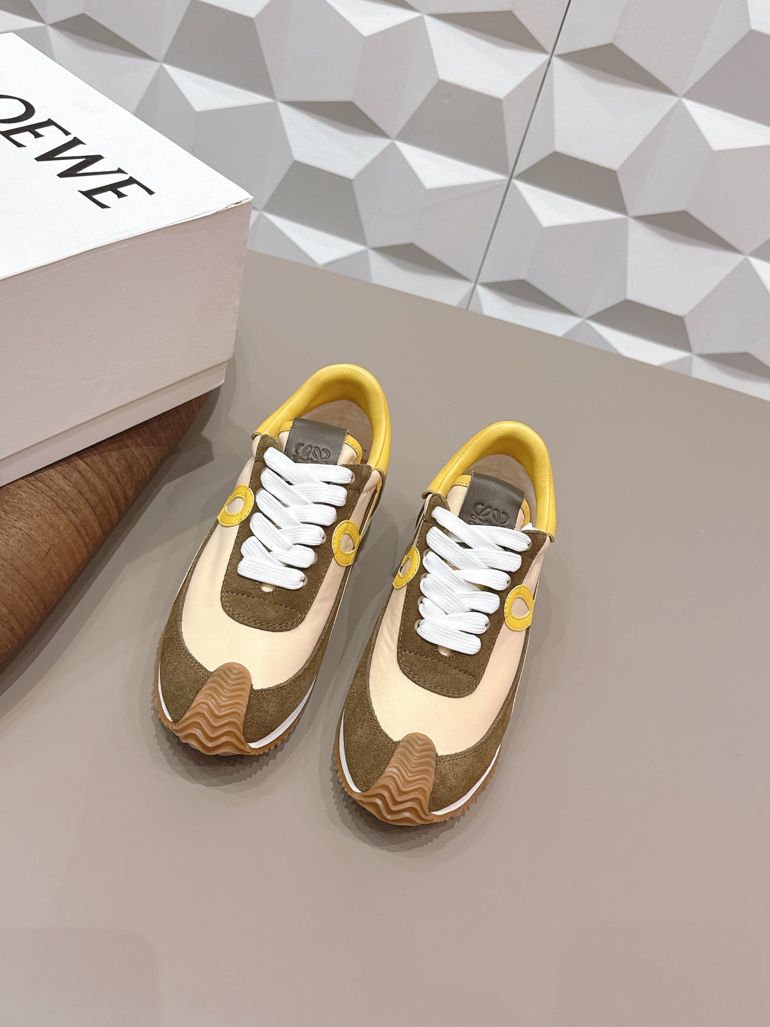 Loewe 26s Flow Runner Sneaker In Dark Olive Brown Suede And Yellow Calfskin