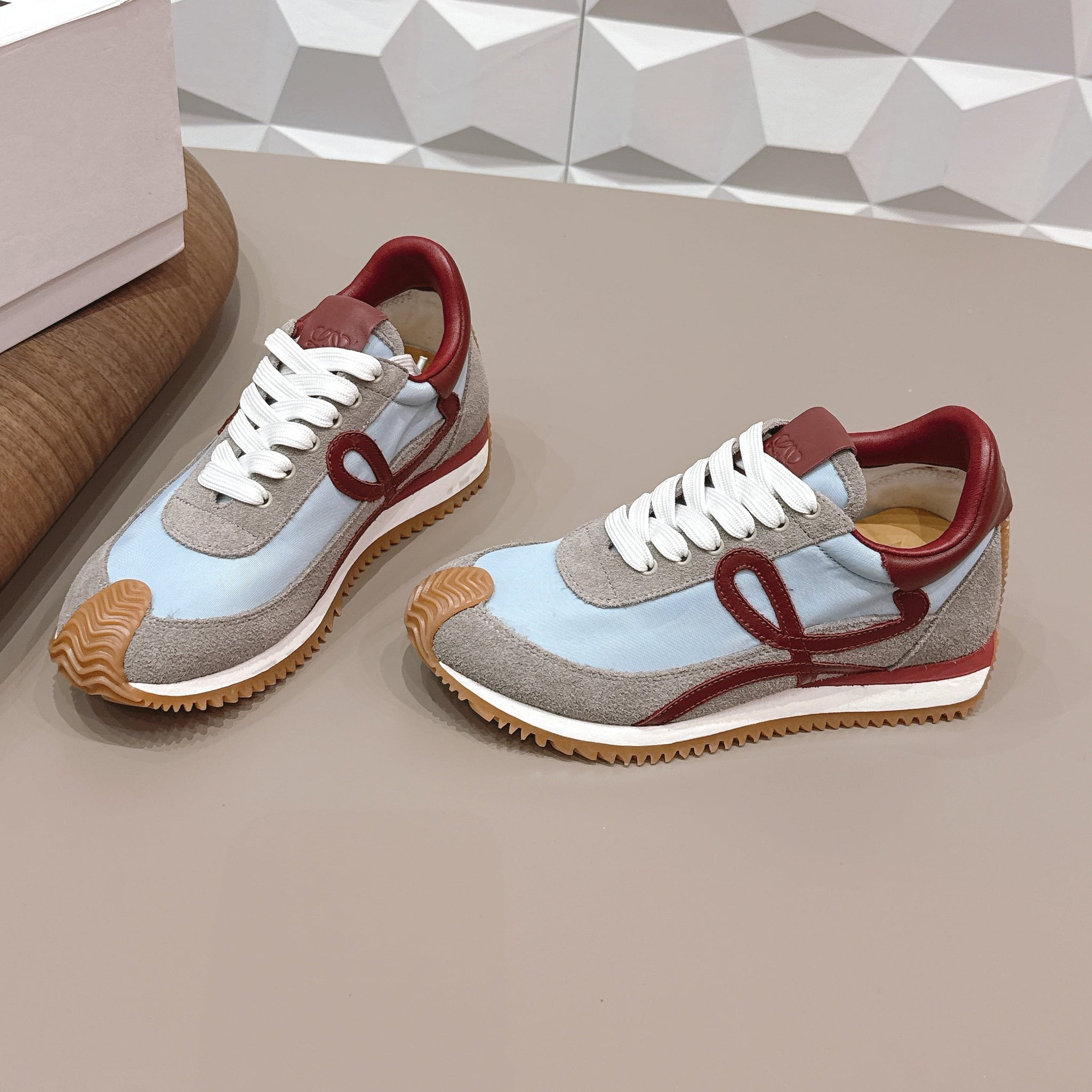 Loewe 26s Flow Runner Sneaker In Gray And Blue Suede And Dark Red Calfskin