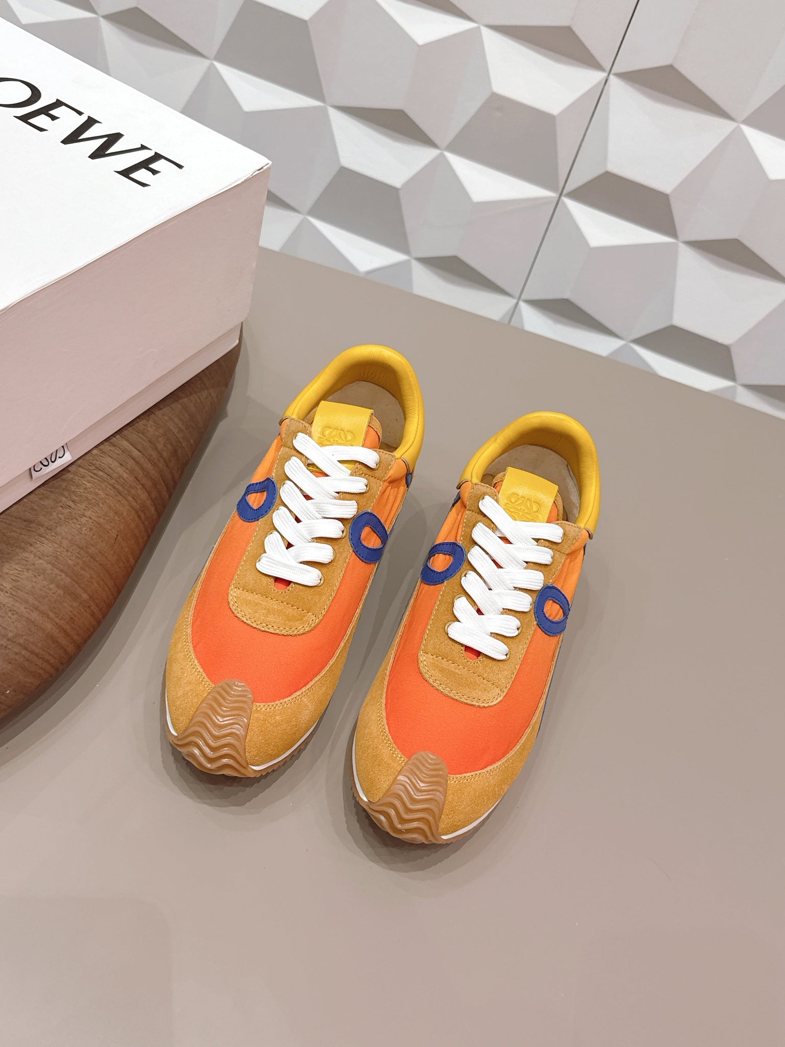 Loewe 26s Flow Runner Sneaker In Caramel Brown Suede And Golden Yellow Calfskin
