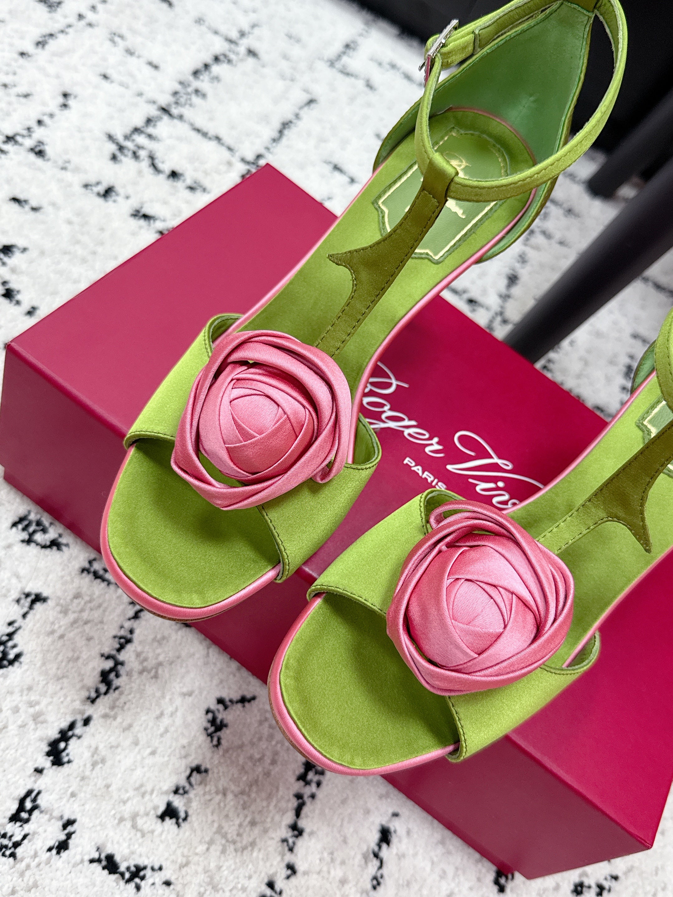 RV Rose Vivier Flower Sandal 10cm Pink Green Satin 617302