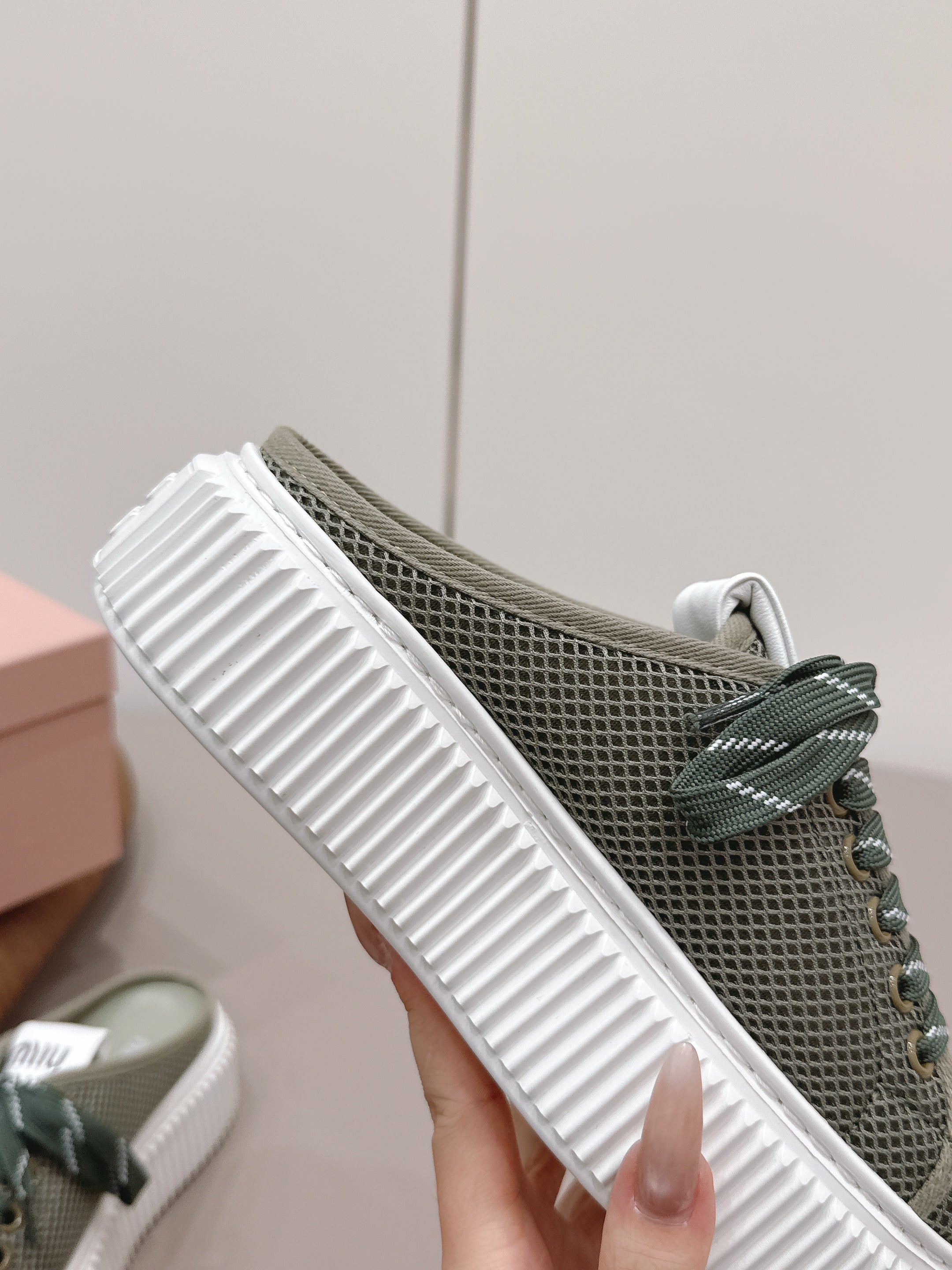 Miu Flatform Sneaker Mules Olive Mesh 738381