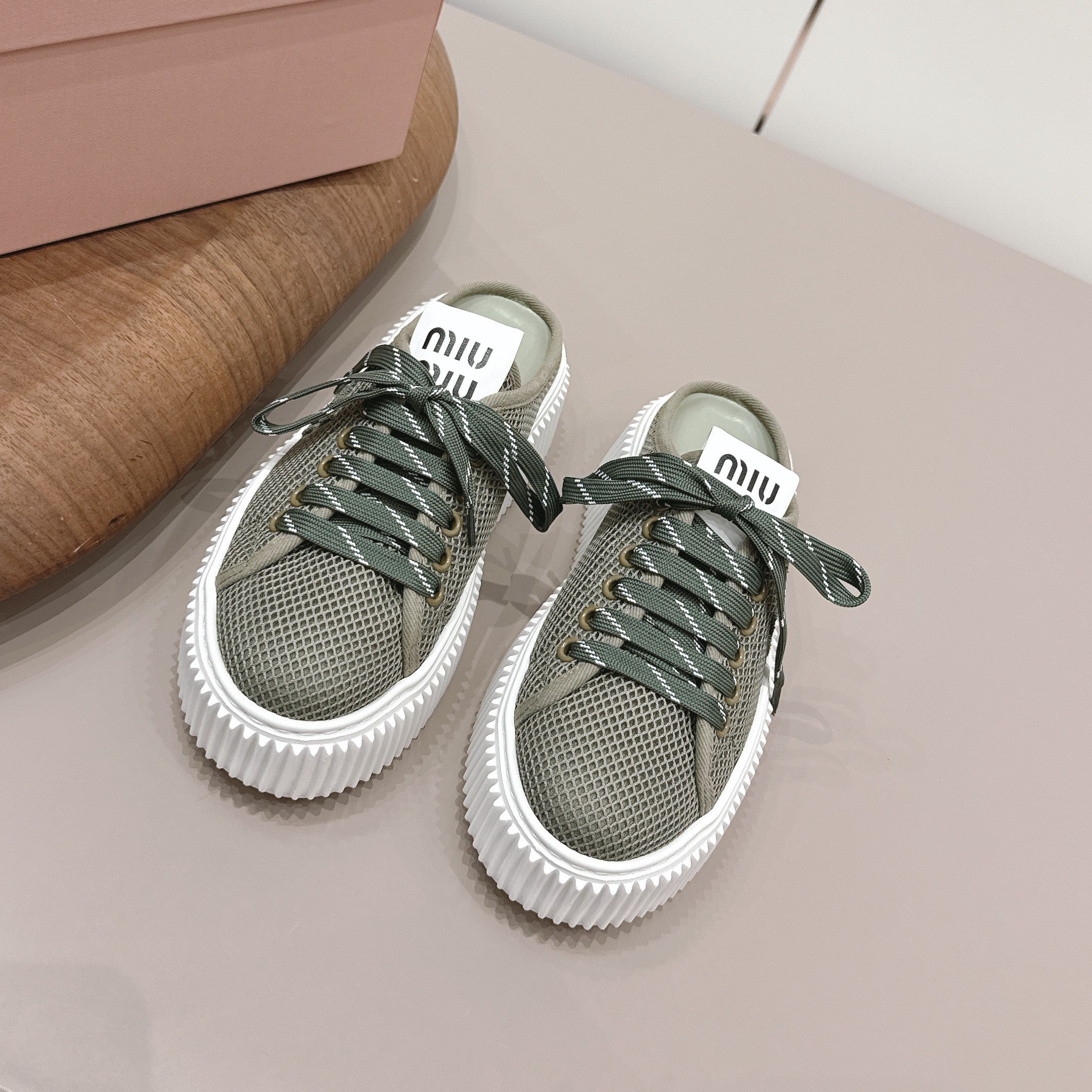 Miu Flatform Sneaker Mules Olive Mesh 738381