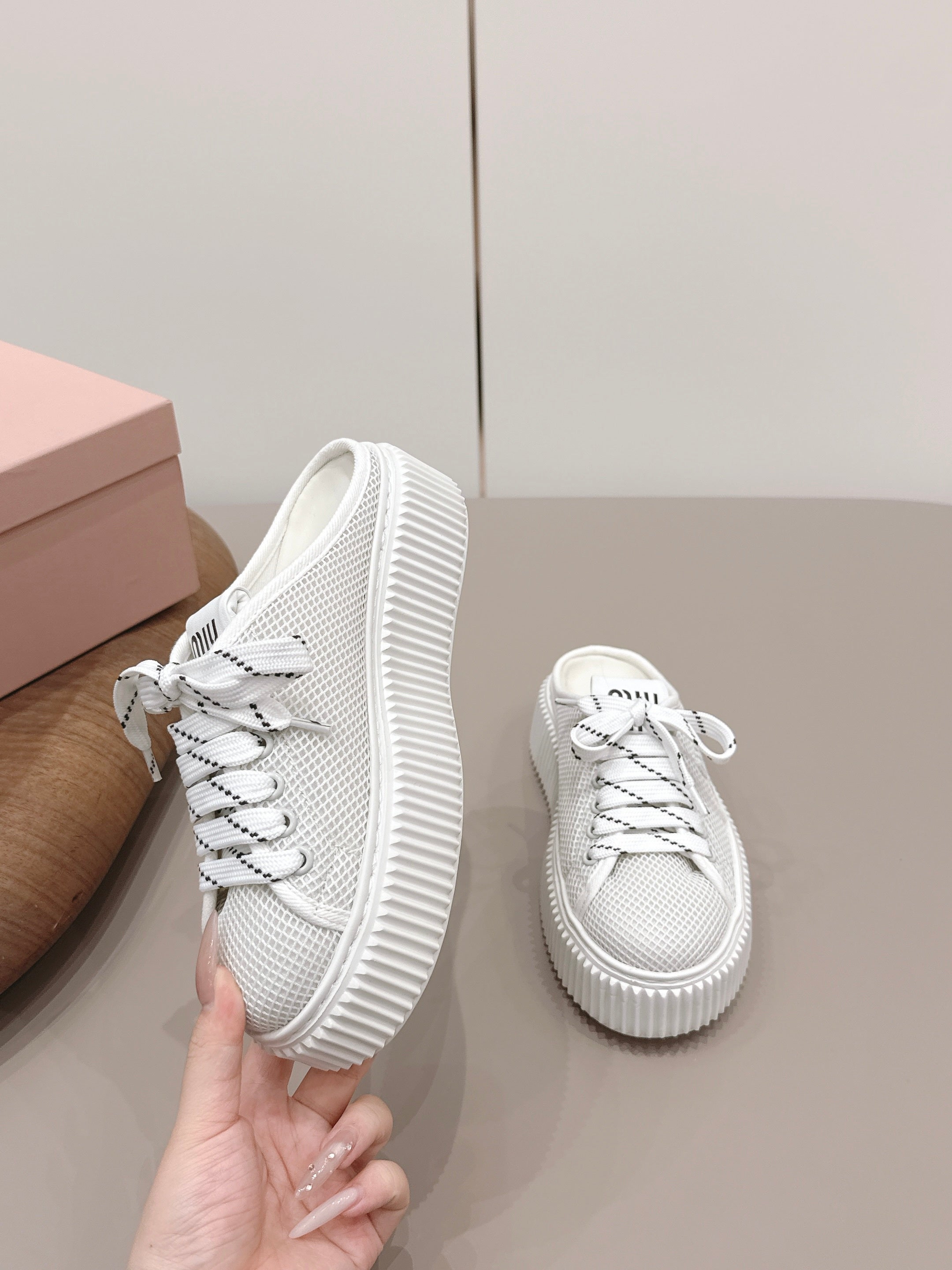 Miu Flatform Sneaker Mules White Mesh 738383