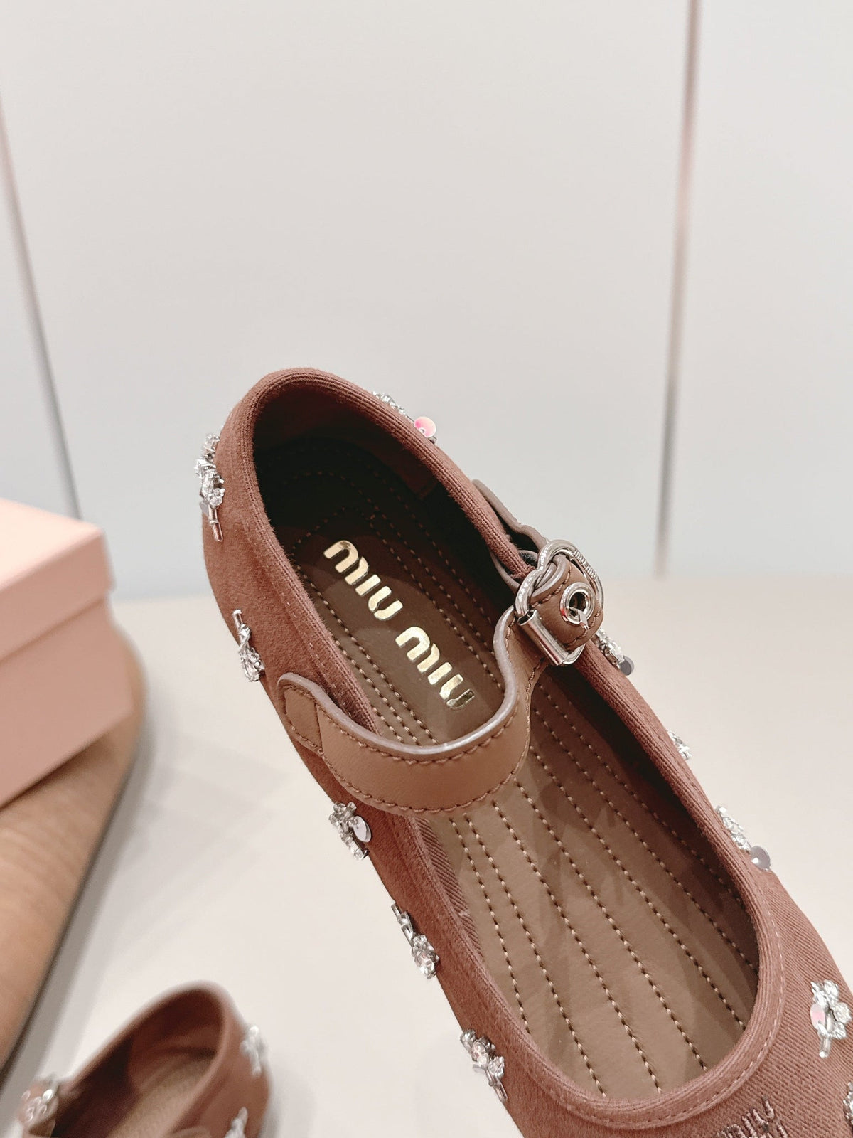 Miumiu 26s Mary Jane Ballet Flats In Brown Fabric Crystal Embellished