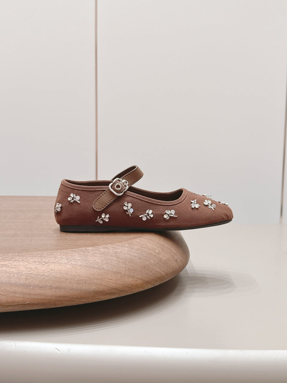 Miumiu 26s Mary Jane Ballet Flats In Brown Fabric Crystal Embellished