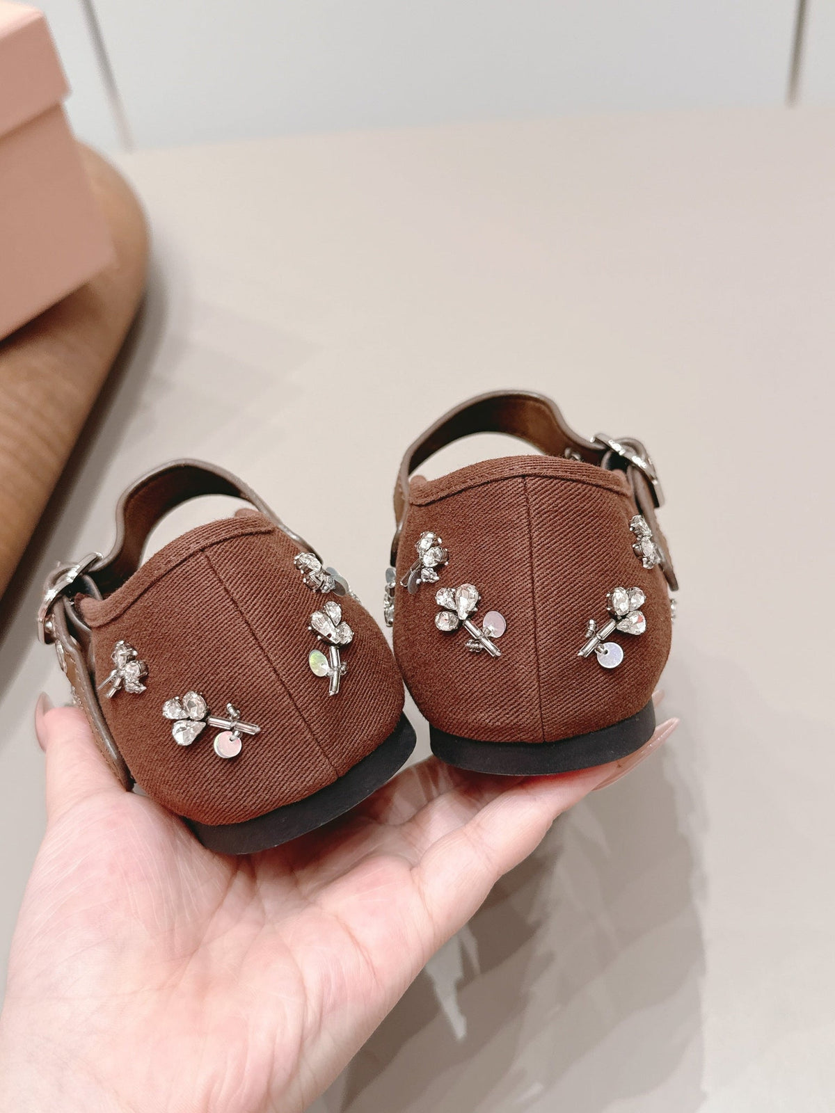 Miumiu 26s Mary Jane Ballet Flats In Brown Fabric Crystal Embellished
