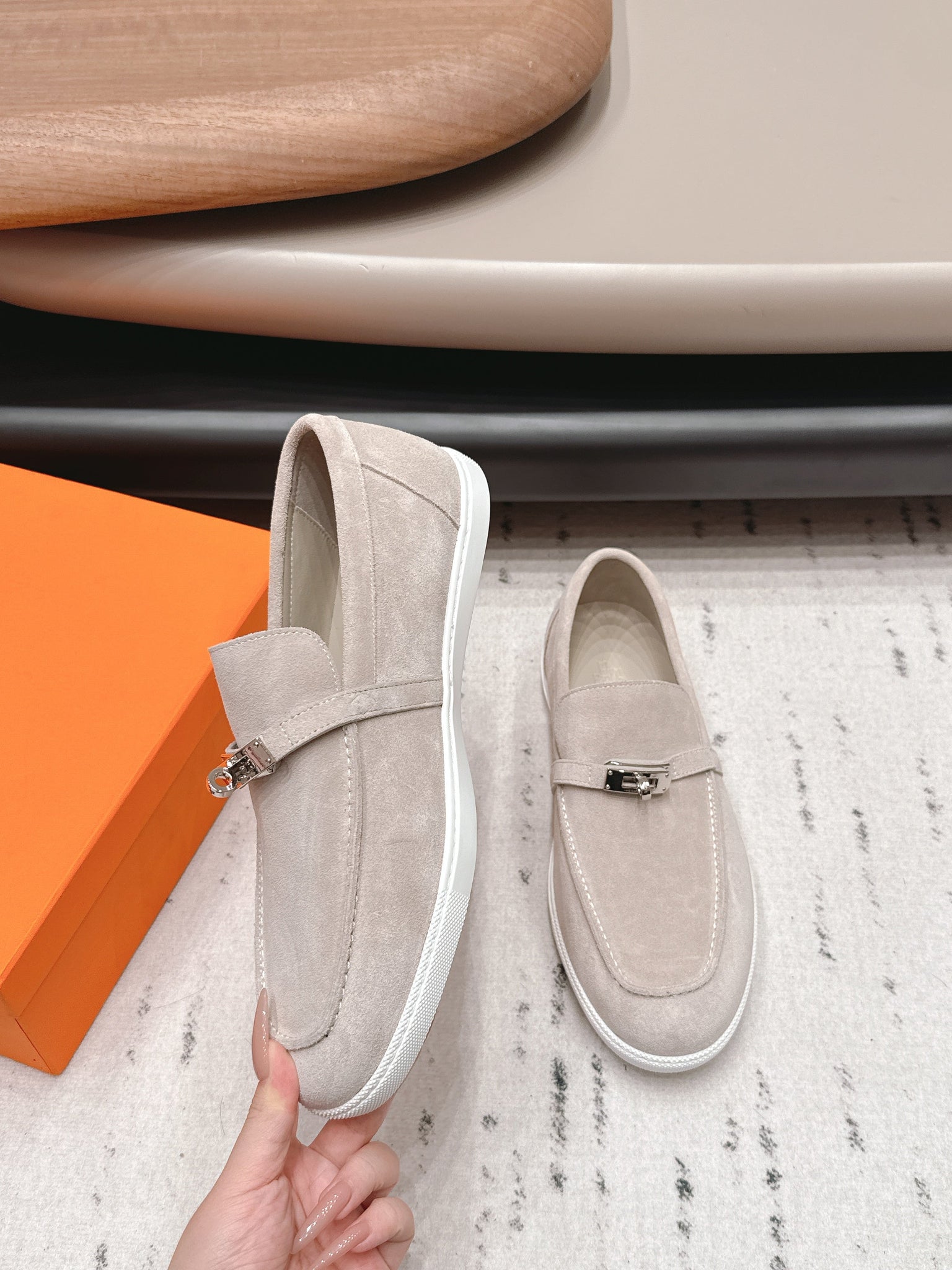 HM 26s Kelly Paris Loafers Light Grey Suede Silver Hardware