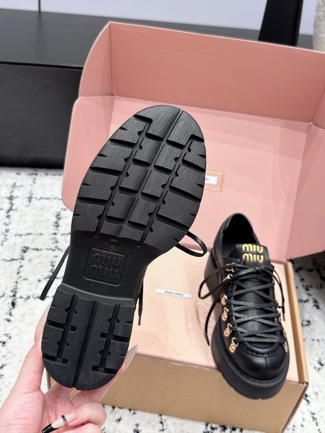 Miu Miu 26s Lace-up Loafers Black Leather 144418