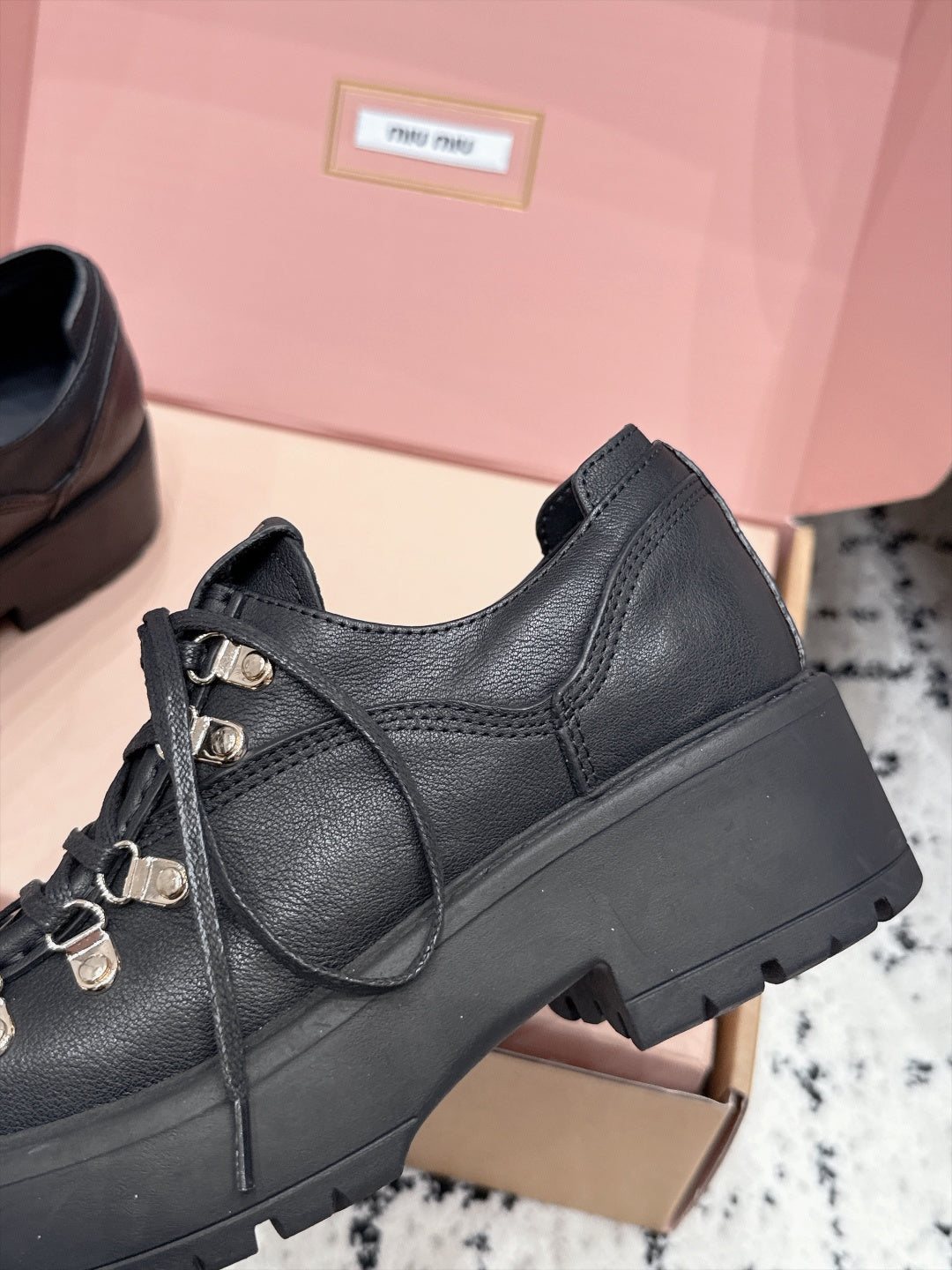 Miu Miu 26s Lace-up Loafers Black Leather 144418