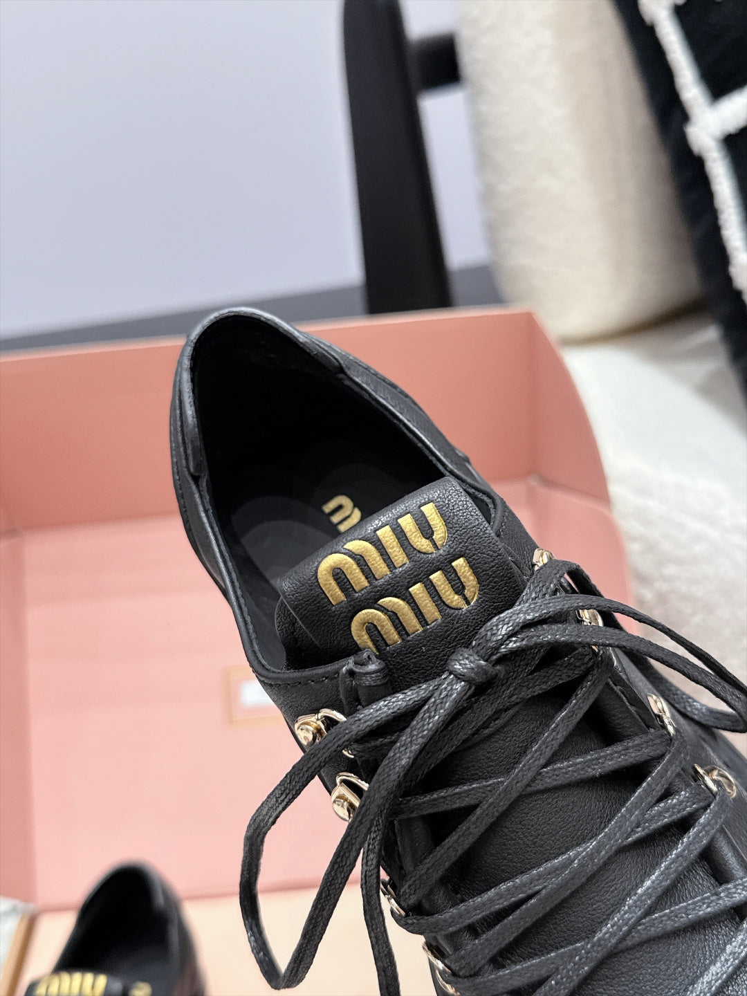 Miu Miu 26s Lace-up Loafers Black Leather 144418