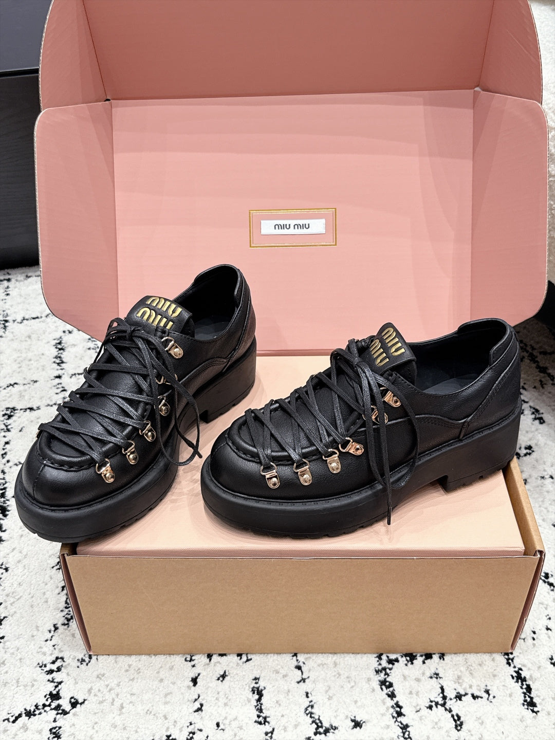 Miu Miu 26s Lace-up Loafers Black Leather 144418