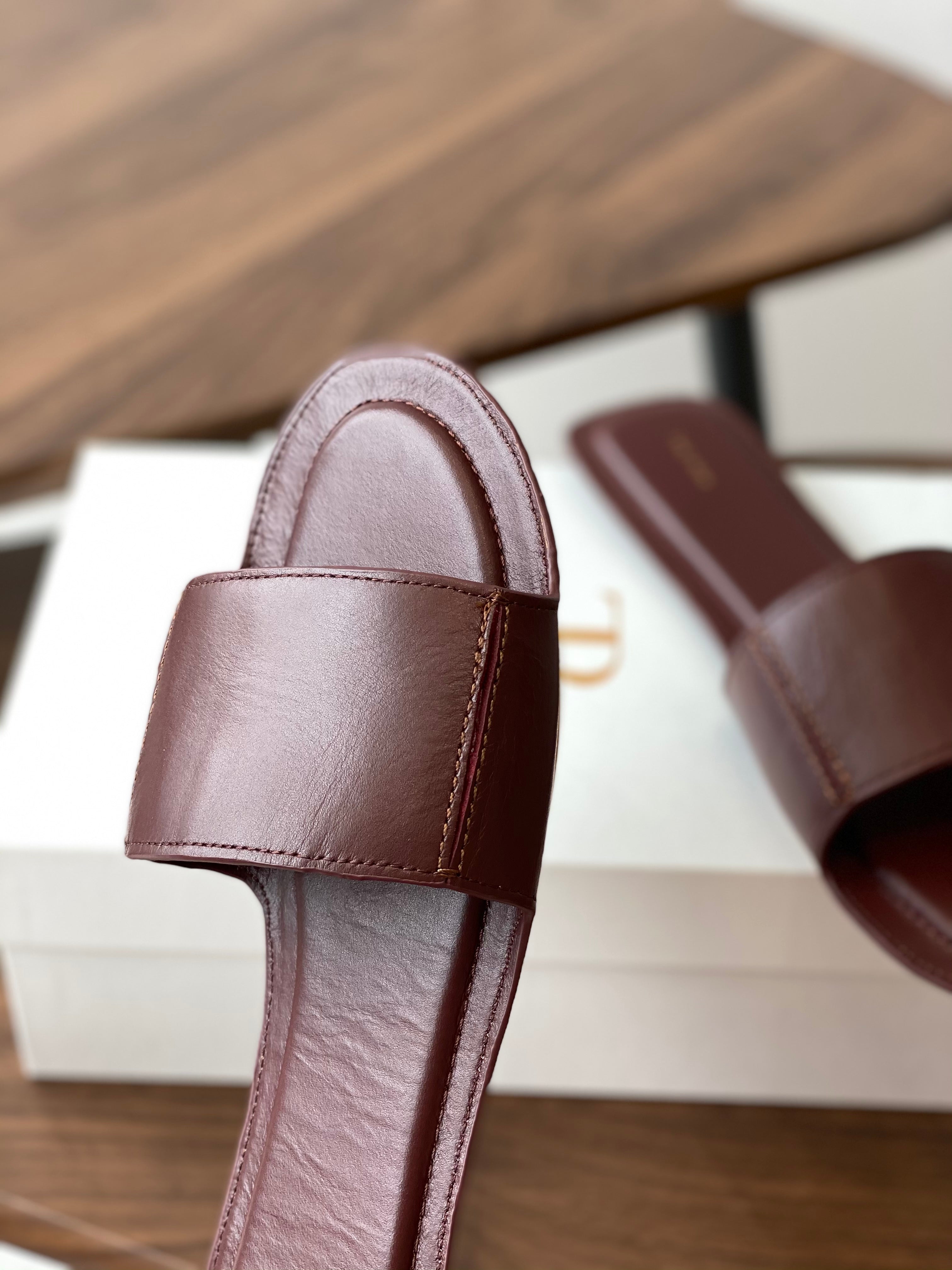 The Row Sara Strap Slide Sandal Dark Russet Brown Cowhide 330805