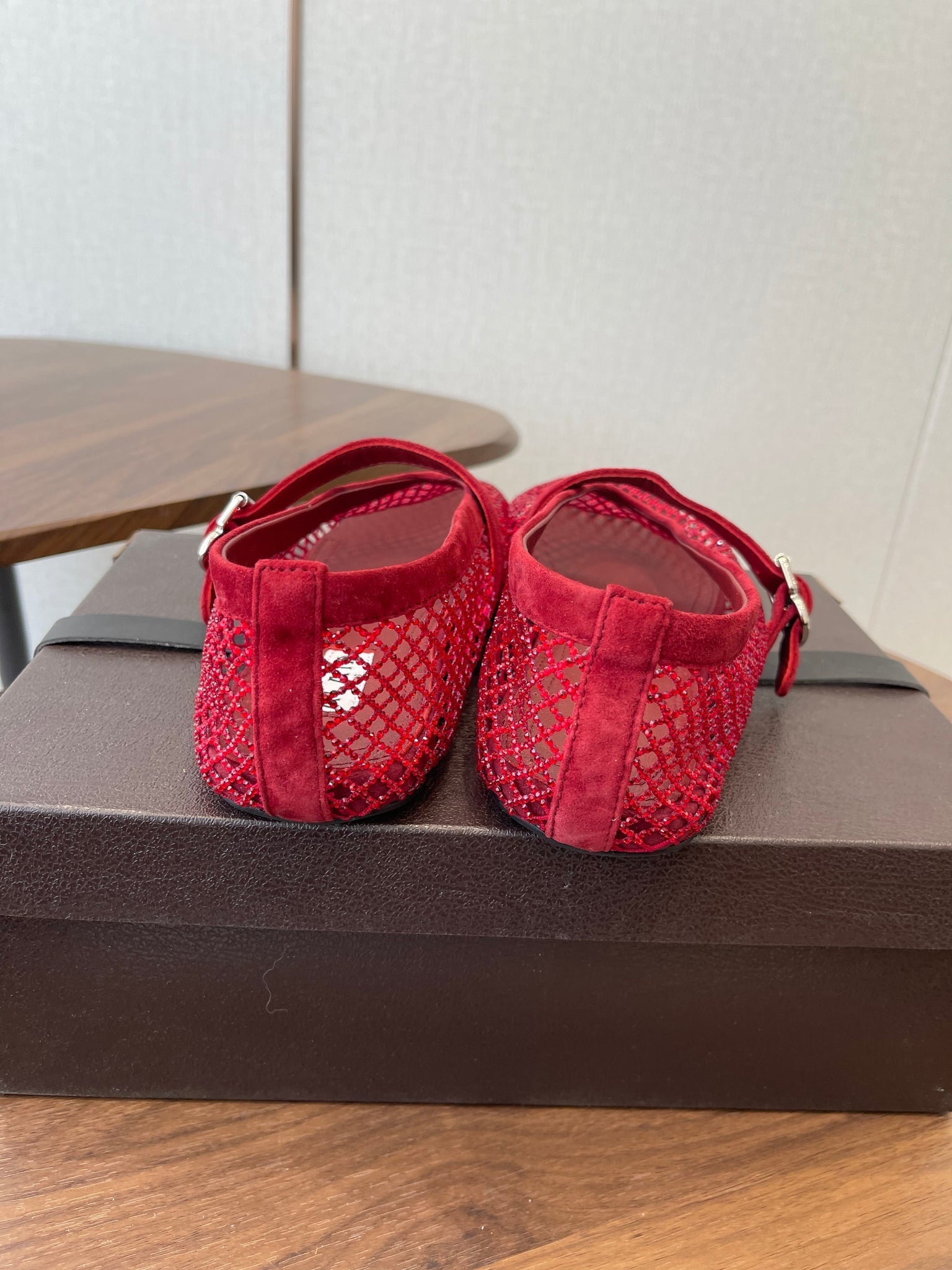 Alaia 26s Mesh Flats In Dark Red Suede Rhinestone-Embellished