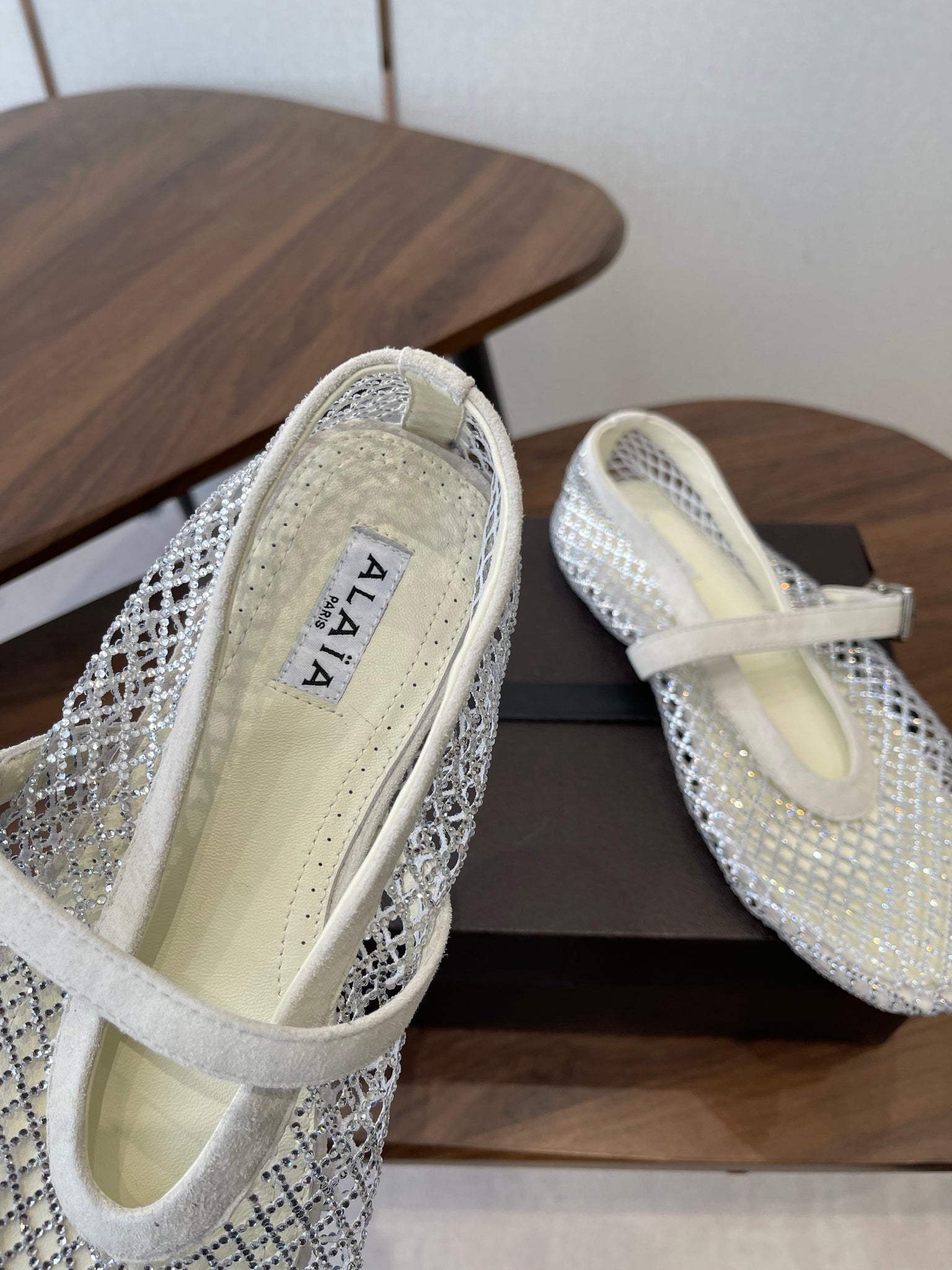 Alaia 26s Mesh Flats In White Suede Rhinestone-Embellished