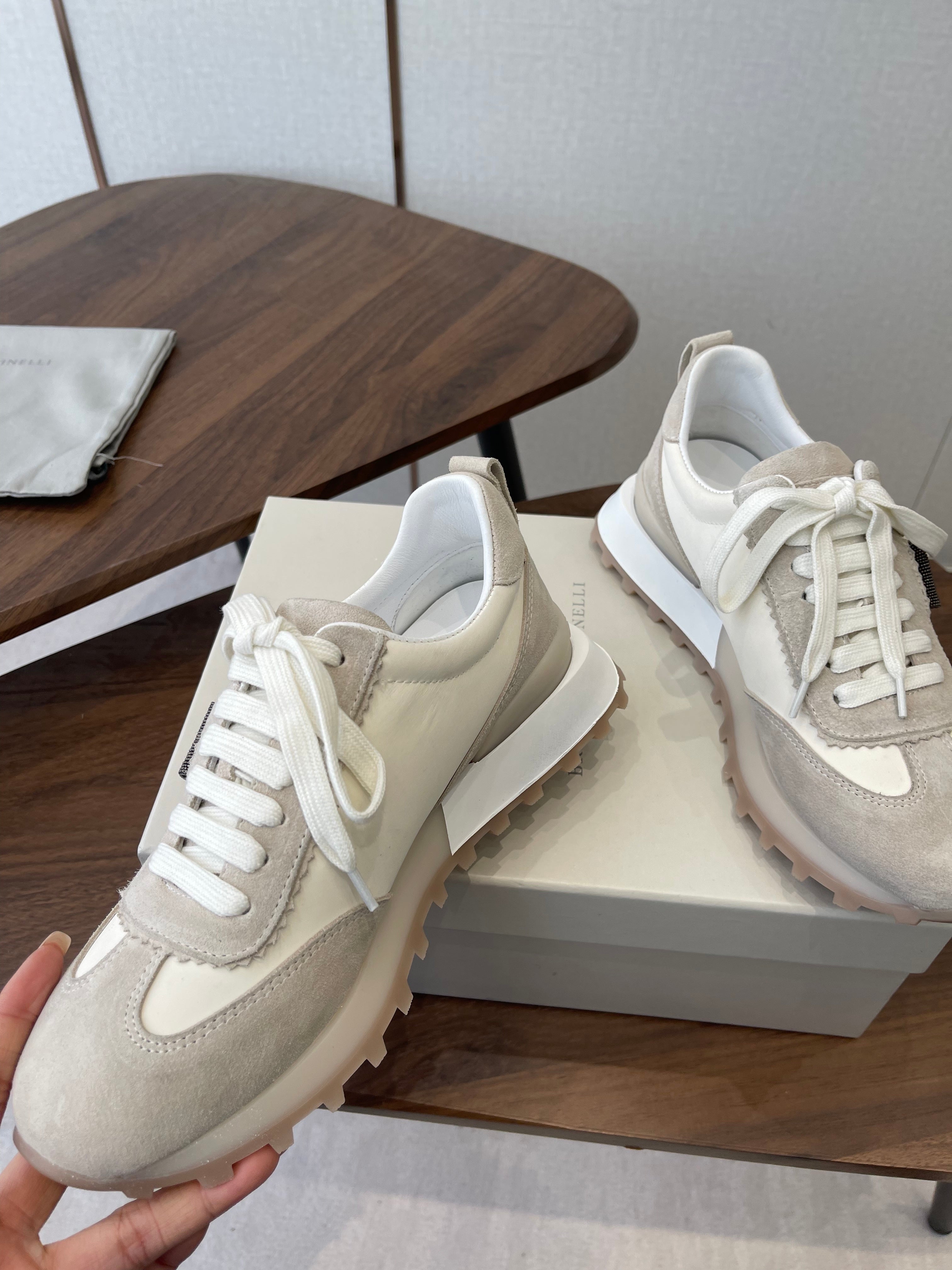 Brunello Flannel Runners With Monili Ivory Grey Suede 624477