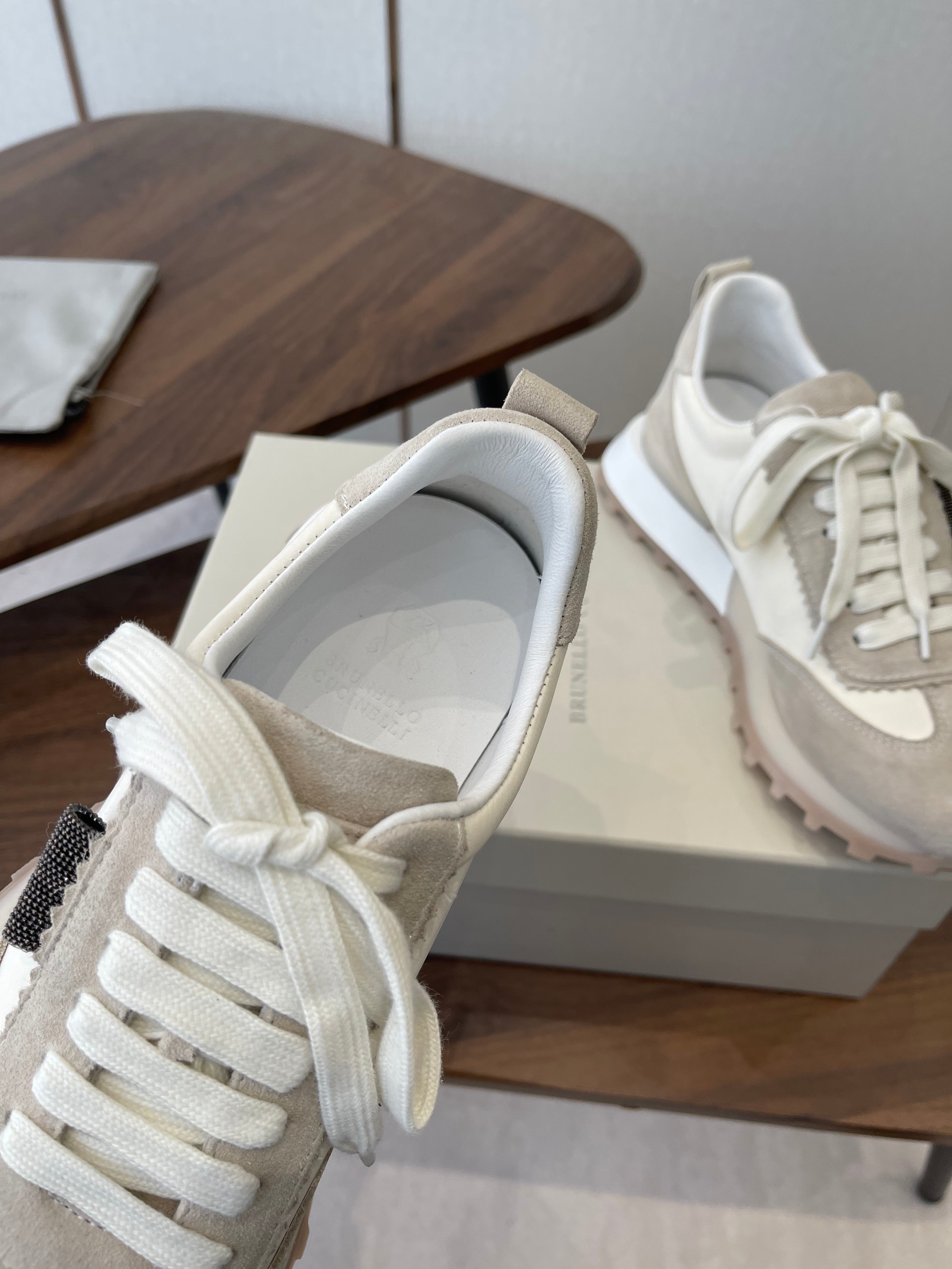 Brunello Flannel Runners With Monili Ivory Grey Suede 624477