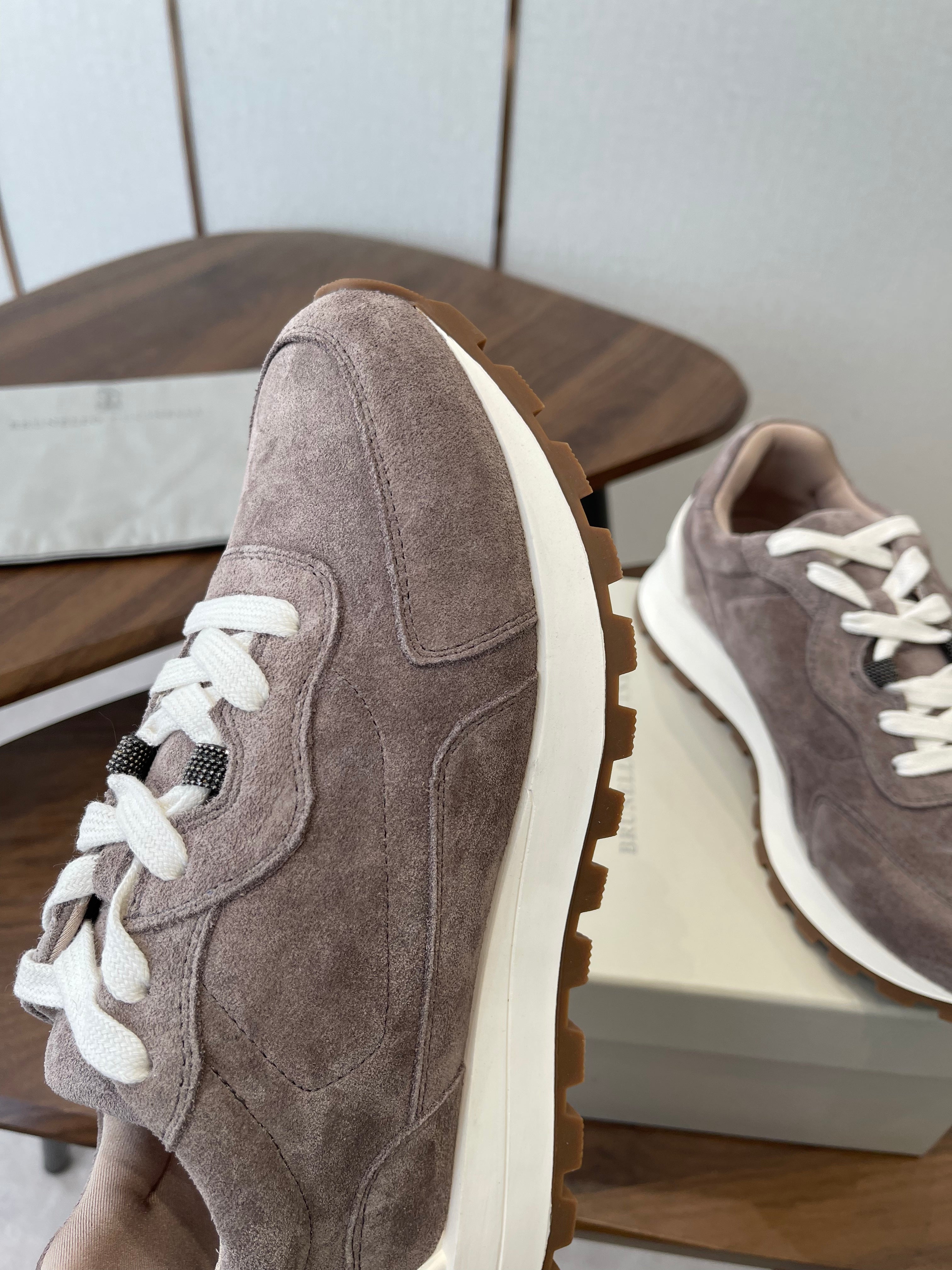 Brunello Runners With Shiny Details Taupe Suede 624481
