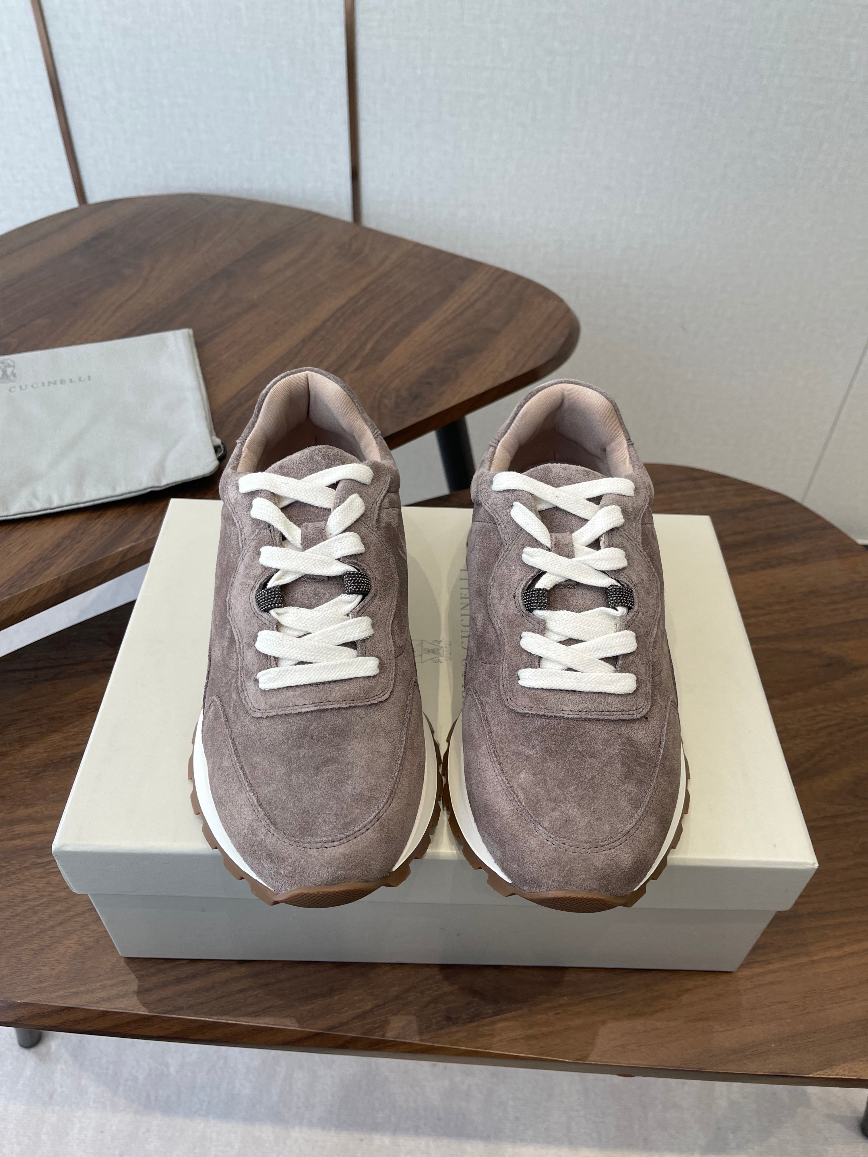 Brunello Runners With Shiny Details Taupe Suede 624481