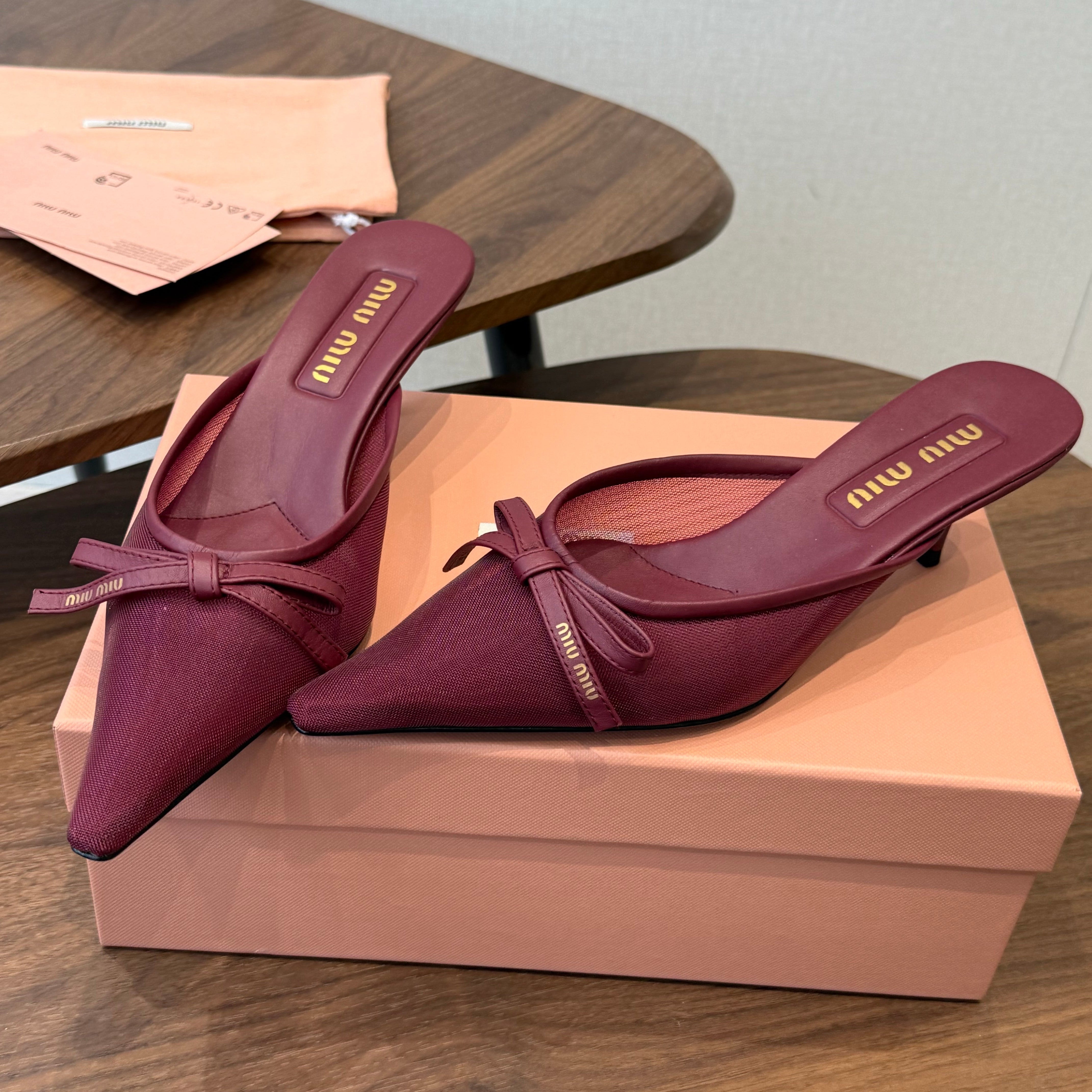 Miu 26s High-Heeled Mules Burgundy Cotton 790456
