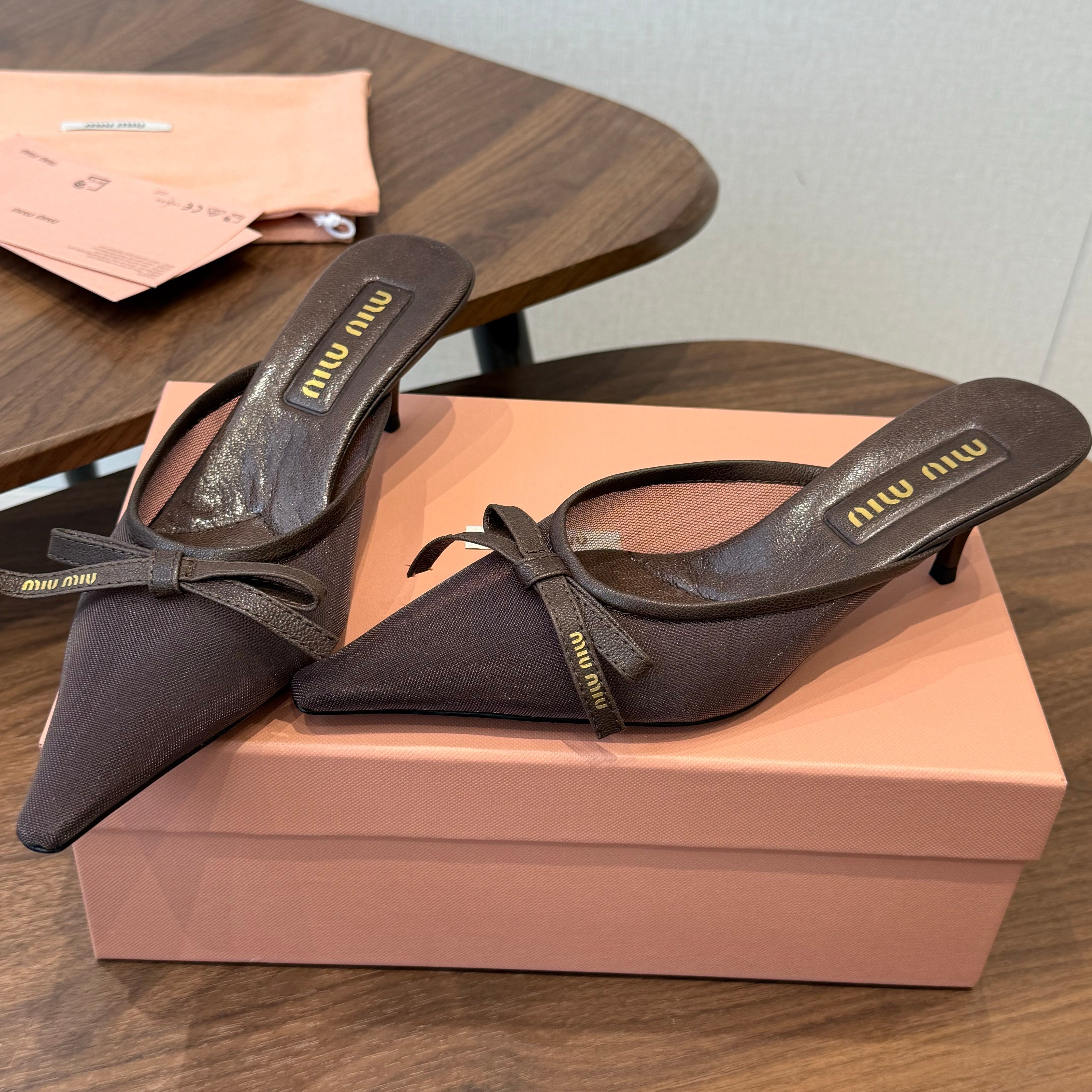 Miu 26s High-Heeled Mules Coffee Cotton 790458