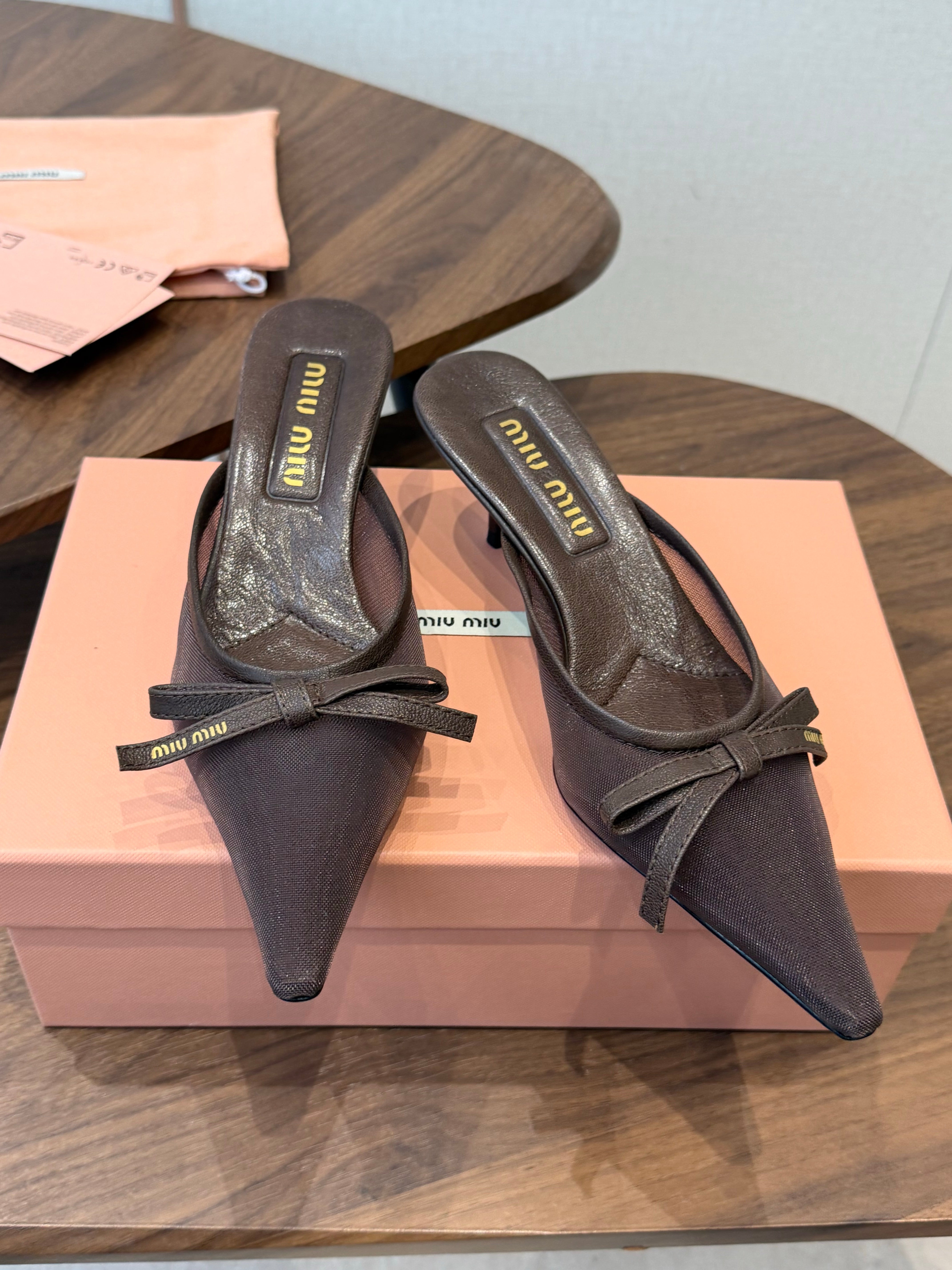 Miu 26s High-Heeled Mules Coffee Cotton 790458