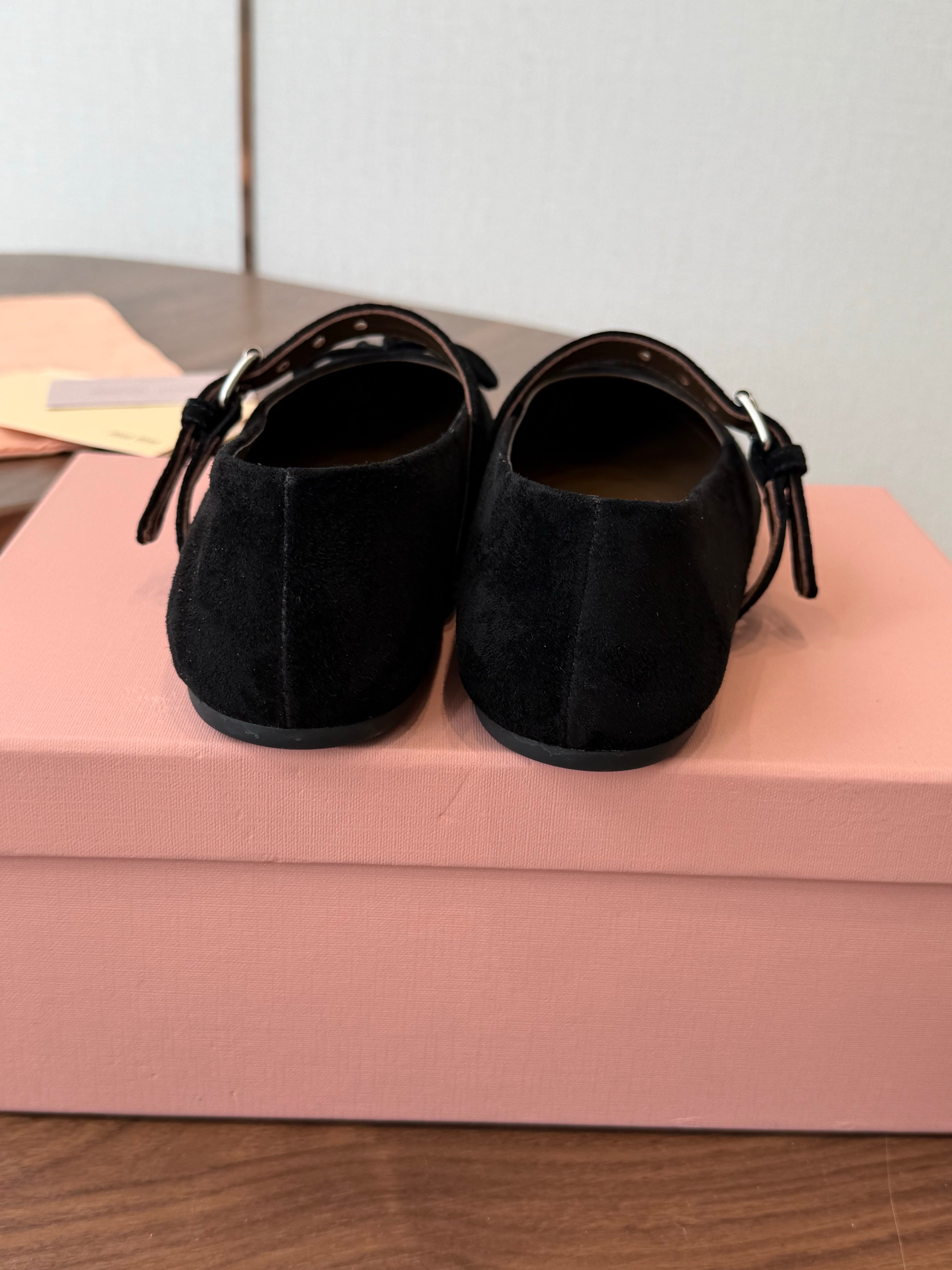 Miu Pointed-Toe Ballerina Flats Black Suede 940008