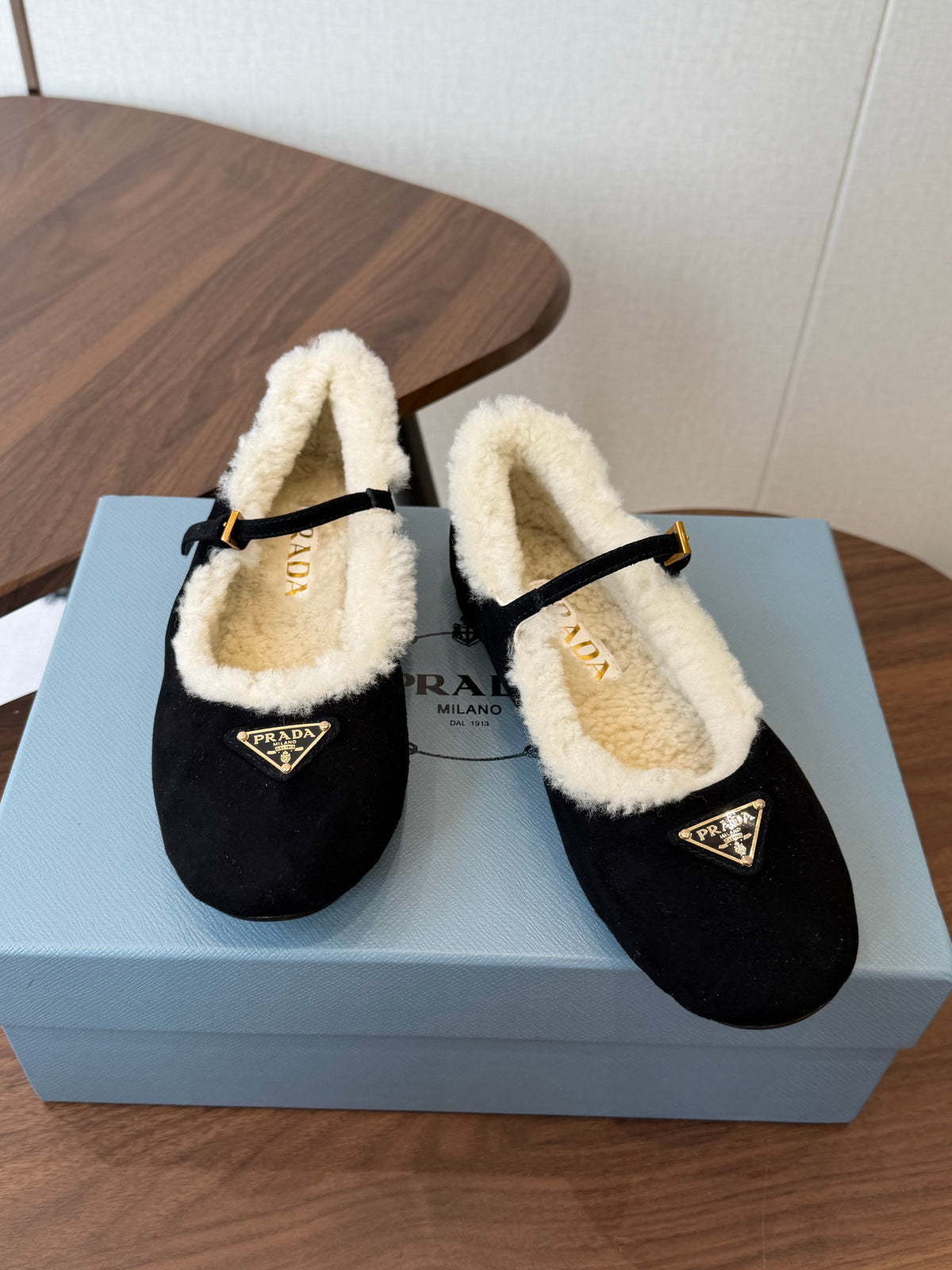 Prada Mary Jane Ballerina Flats Black Suede Shearling 158583