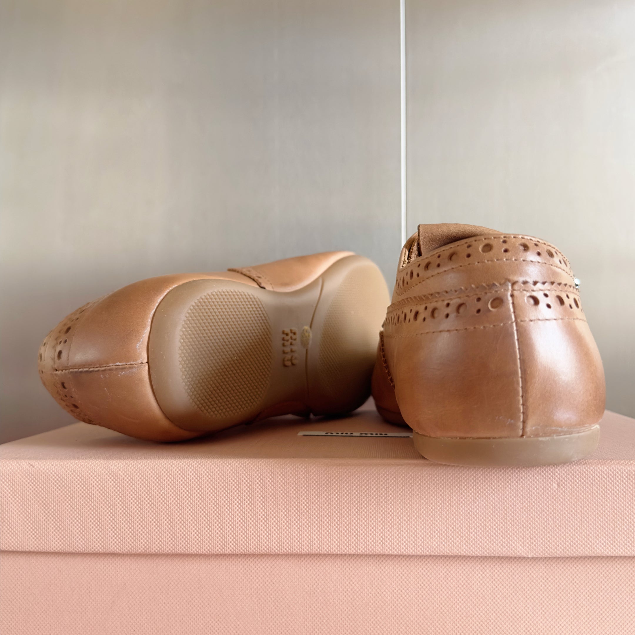 Miu Monk-Strap Thin Sole Caramel Loafers Leather 509752