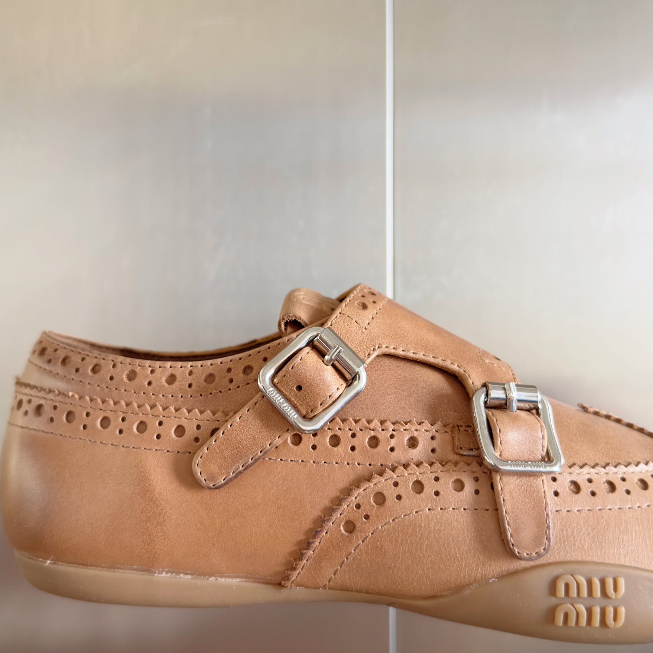 Miu Monk-Strap Thin Sole Caramel Loafers Leather 509752