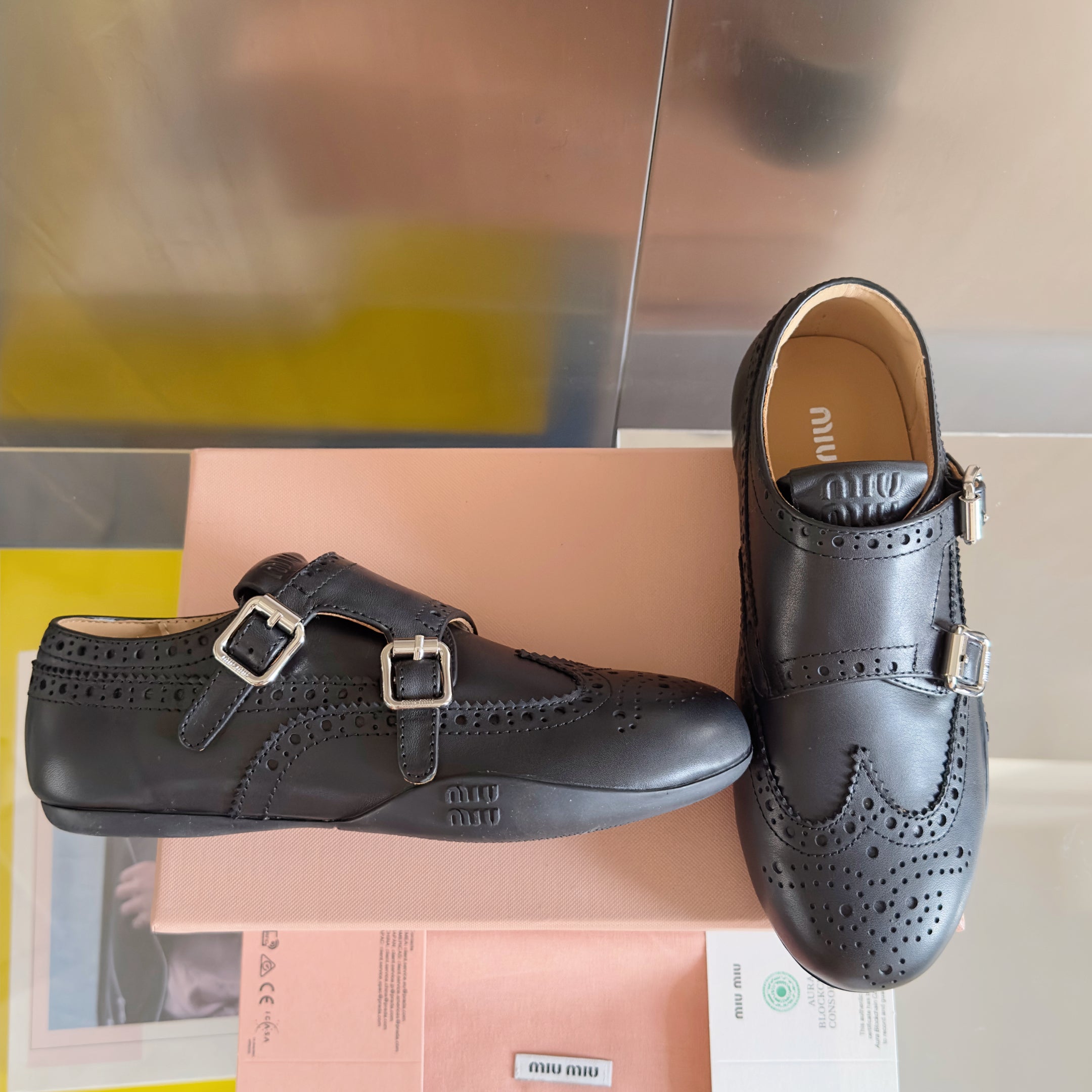 Miu Monk-Strap Thin Sole Black Loafers Leather 509753