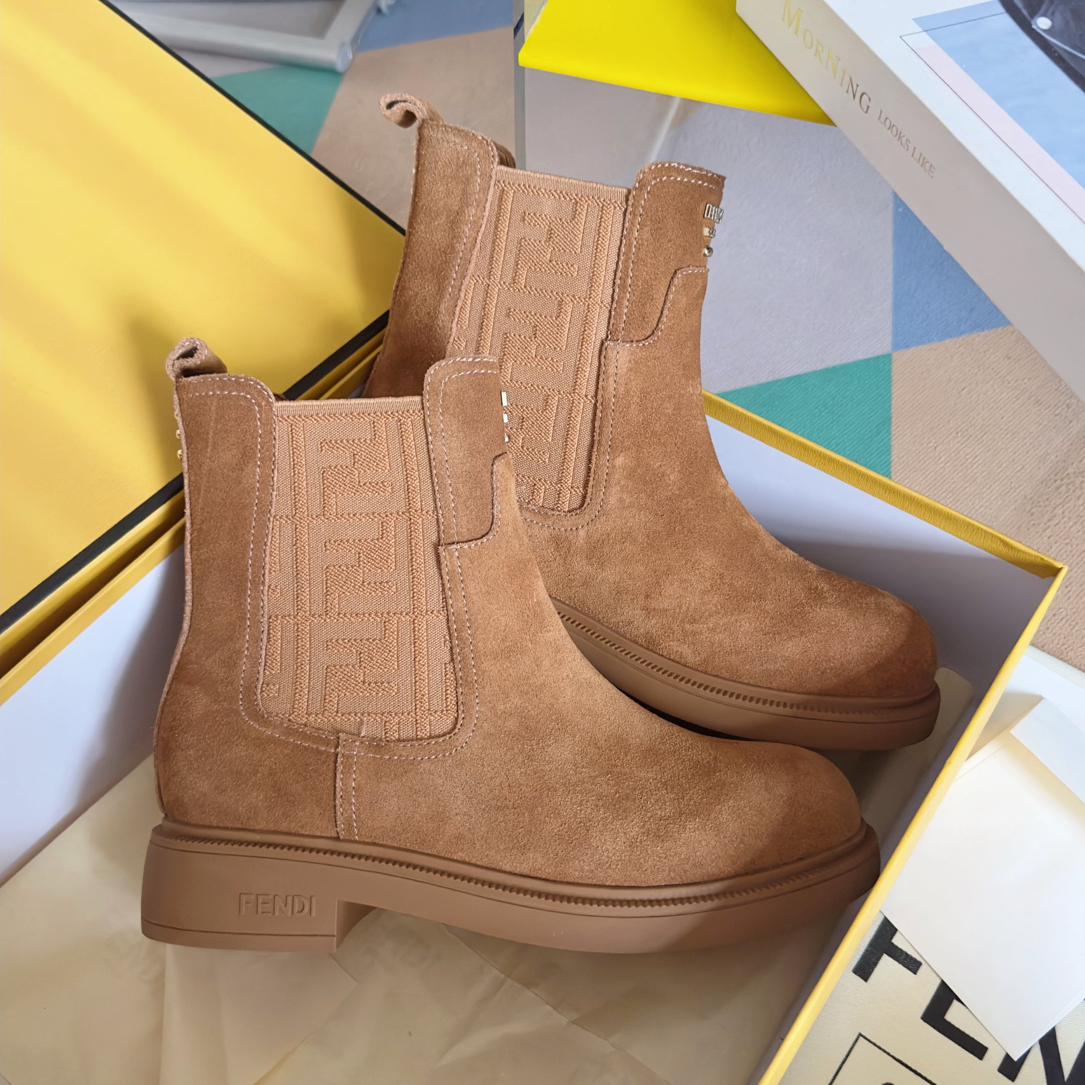 Fendi 2025 FF Monogram Chelsea Boot Brown Suede Fabric 553104