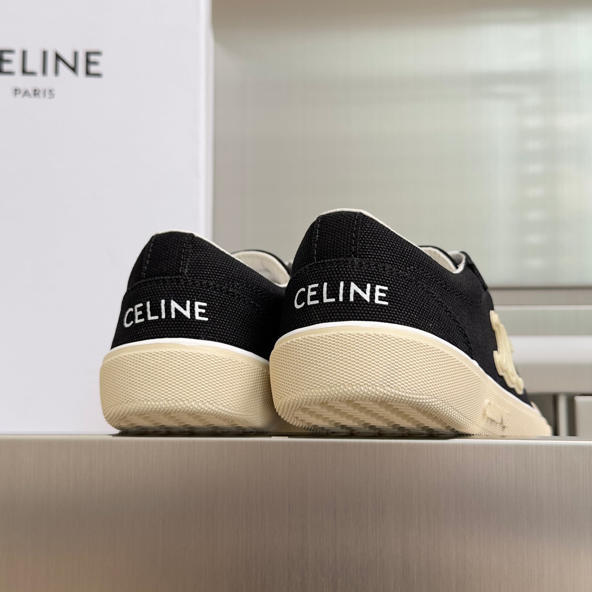 Celine 26s Lace-Up Sneakers In Black Canvas