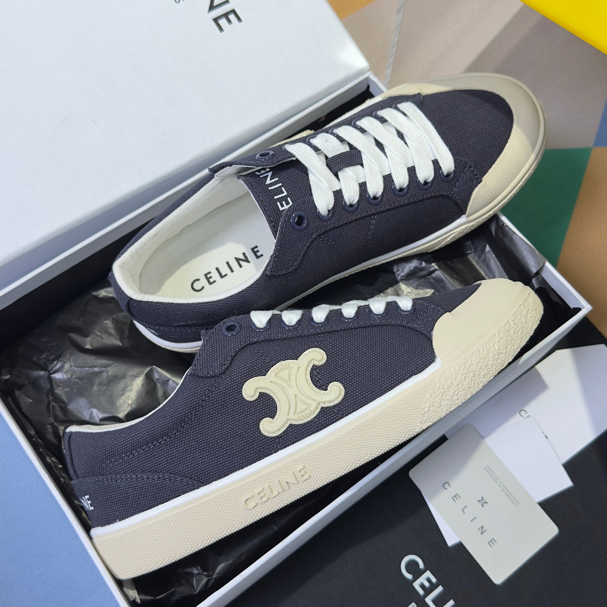 Celine 26s Lace-Up Sneakers In Navy Blue Canvas