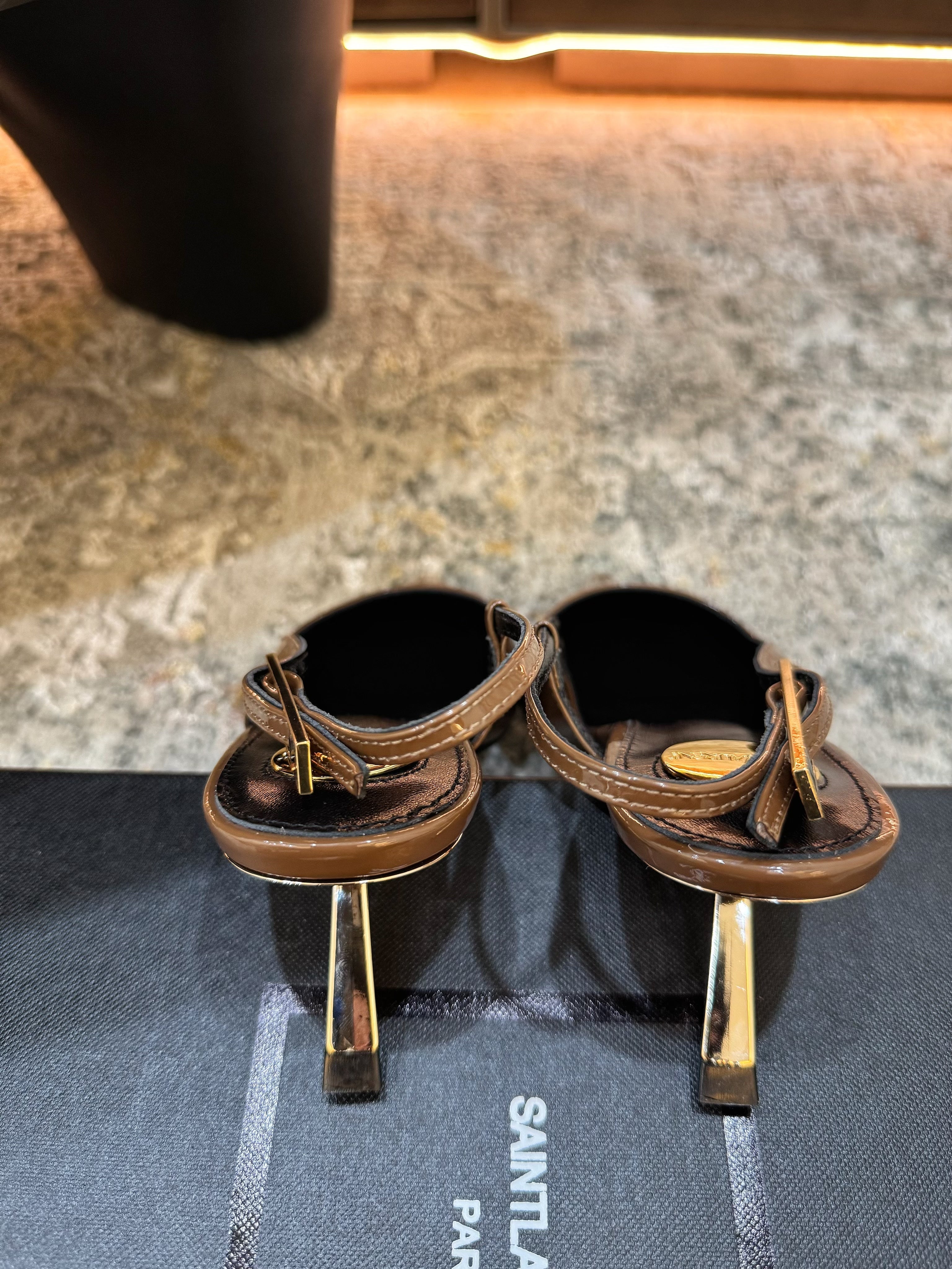 YSL Anne-Marie Slingback 8cm Brown Patent Leather 637223