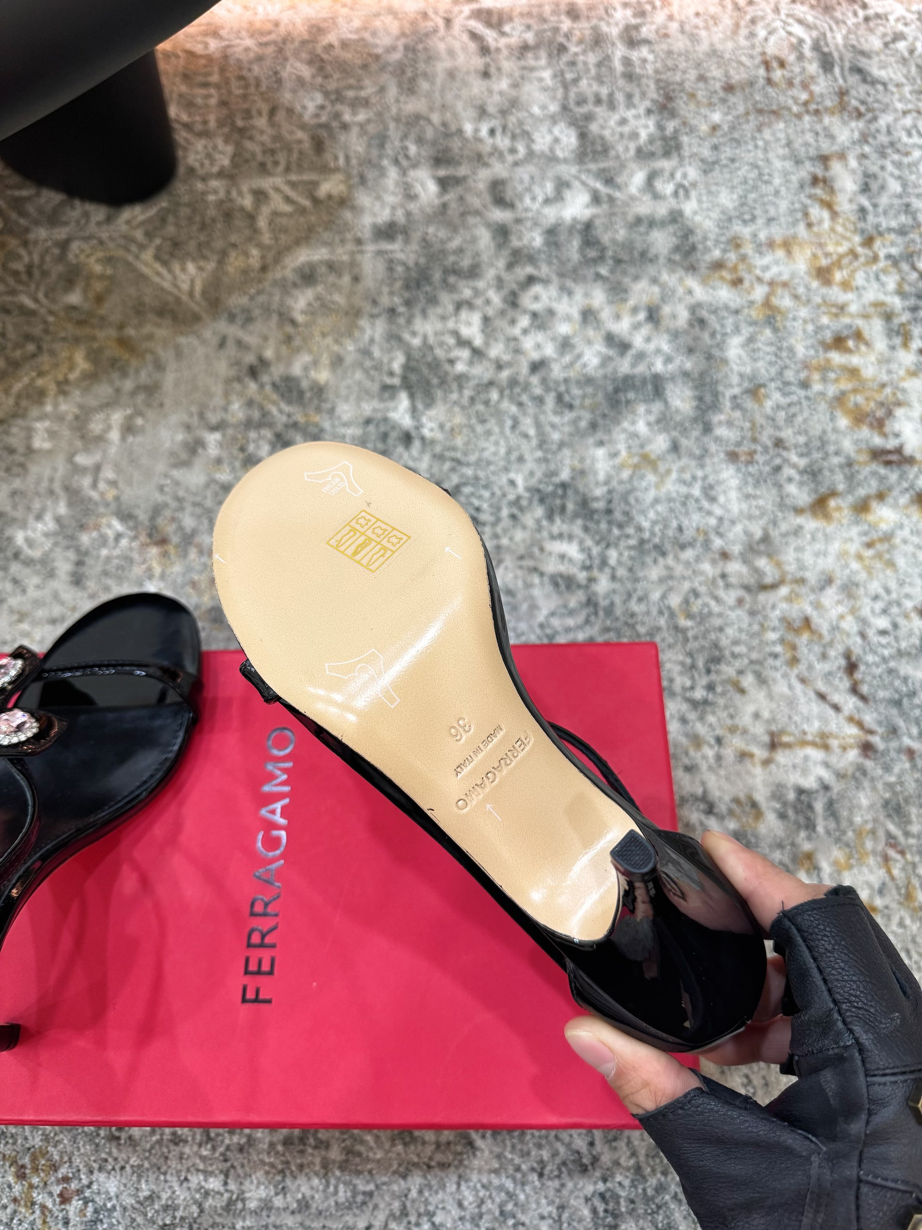 Ferragamo Crystal Embellishments Sandals 9cm Black Patent Leather 694845