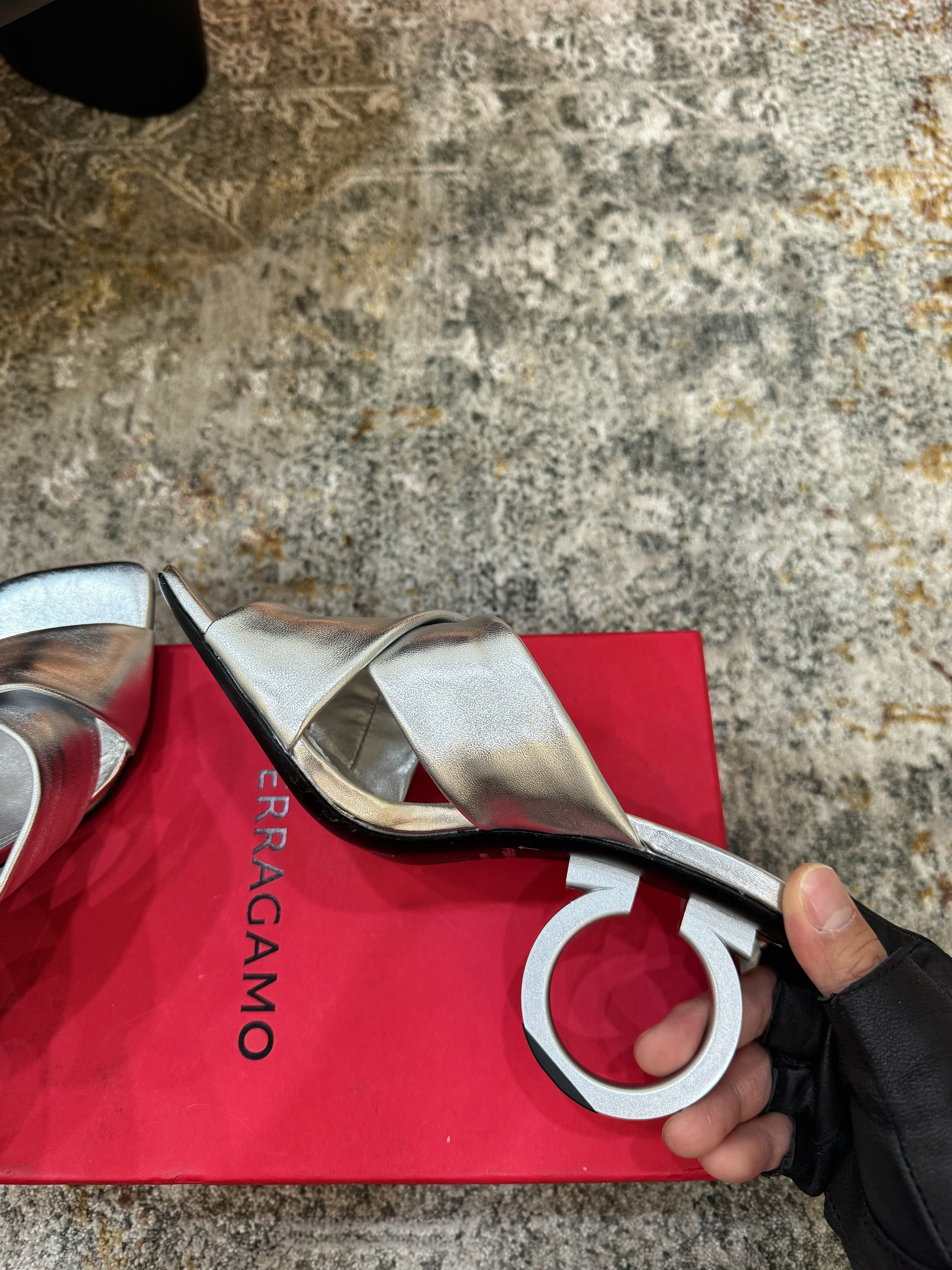 Ferragamo Gancini-Heel Padded Sandals 9cm Sliver Cowhide 694846