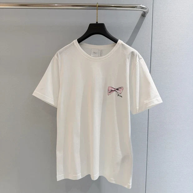 Dior 2026 Pink Bow T-shirt White Cotton 724425