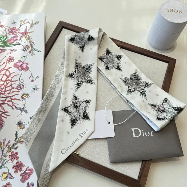 Dior 2026 Star Scarf 100cm White And Gray Silk 198691
