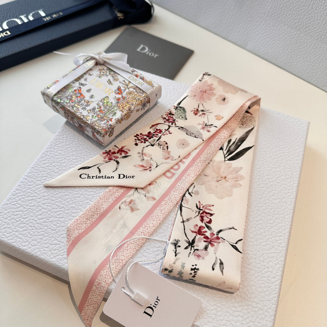 CD Twilly Mini Scarf 105 Pink Floral Pattern Silk Twill 147670
