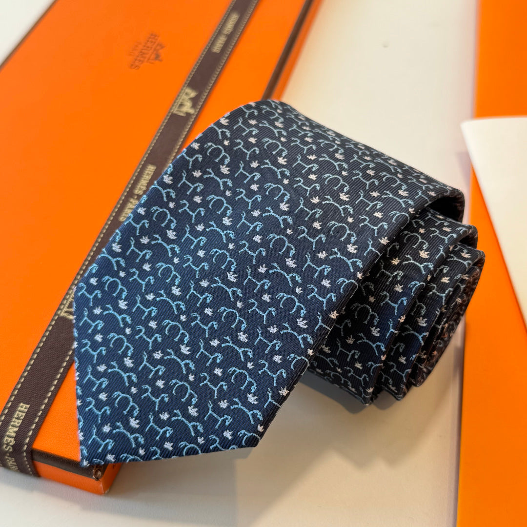 HM Horse Pattern Tie Dark Blue Twill Silk 212123