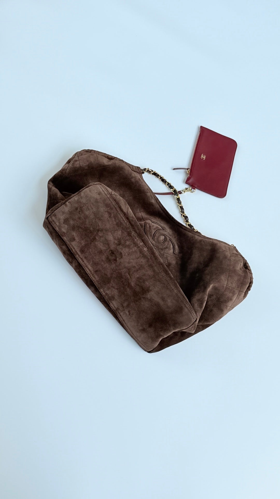 CC 26s Cabas Hobo Brown Suede With Burgundy Pouch