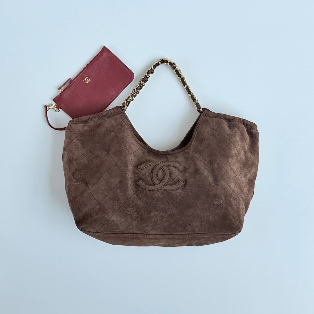 CC 26s Cabas Hobo Brown Suede With Burgundy Pouch