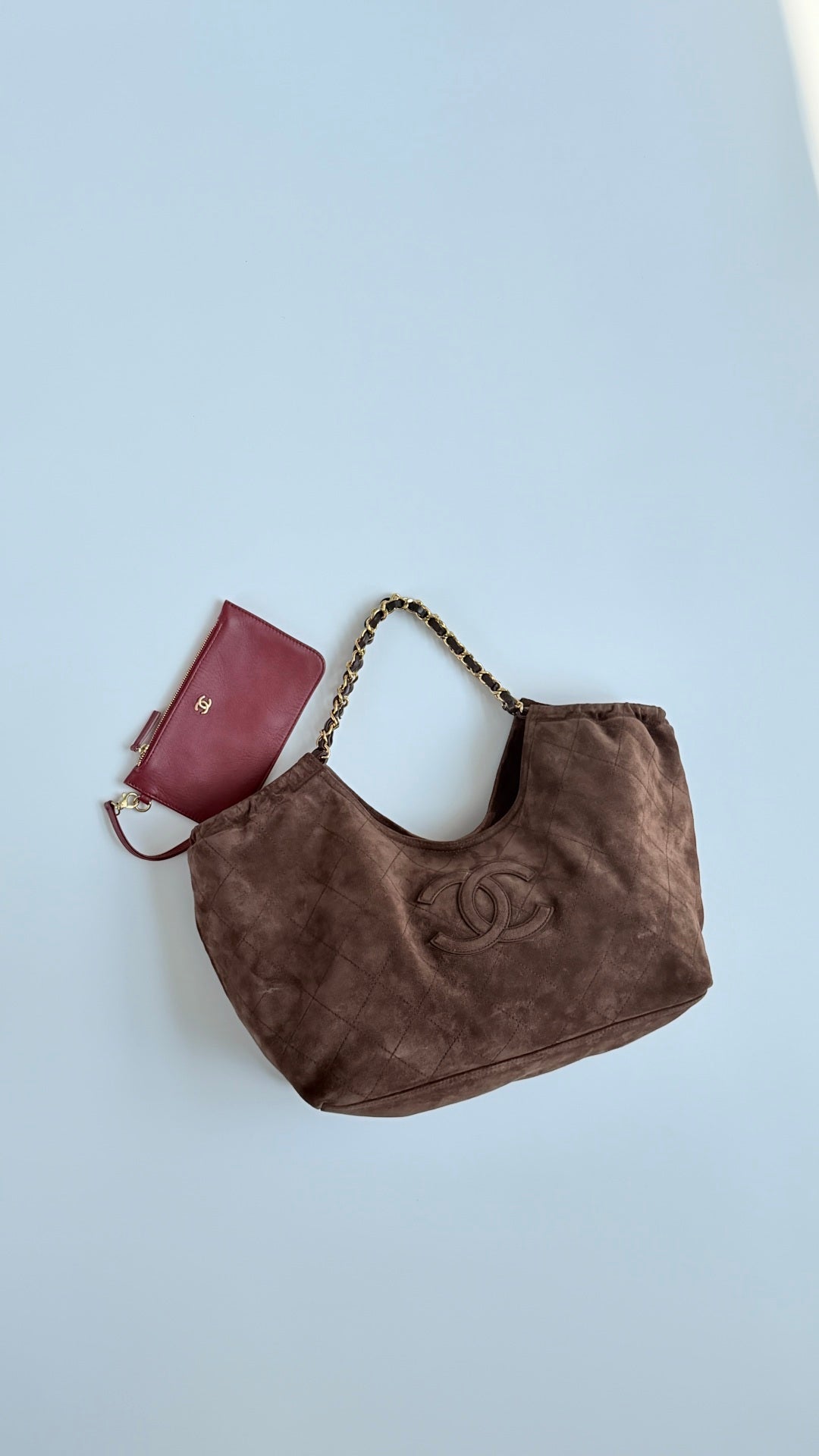 CC 26s Cabas Hobo Brown Suede With Burgundy Pouch