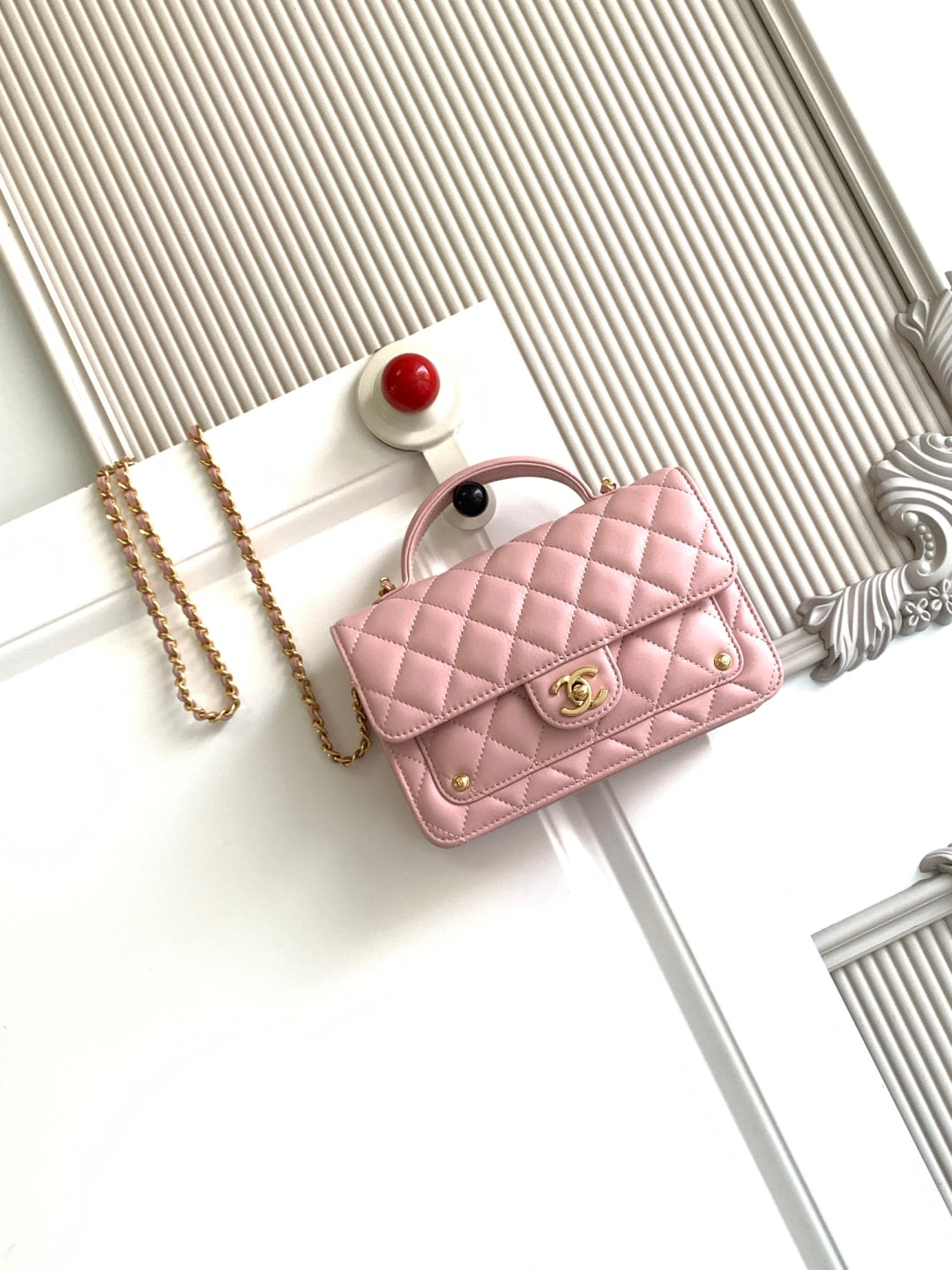 CC Handle Bag 19cm Double C Pink Lambskin Gold Hardware