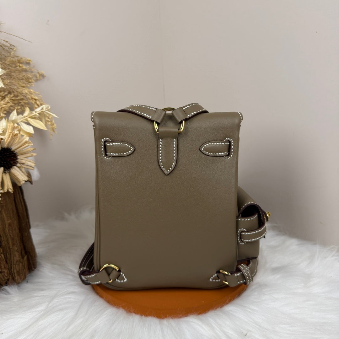 HM Kelly Jump Backpack Taupe Brown Cowhide Gold Hardware 270040